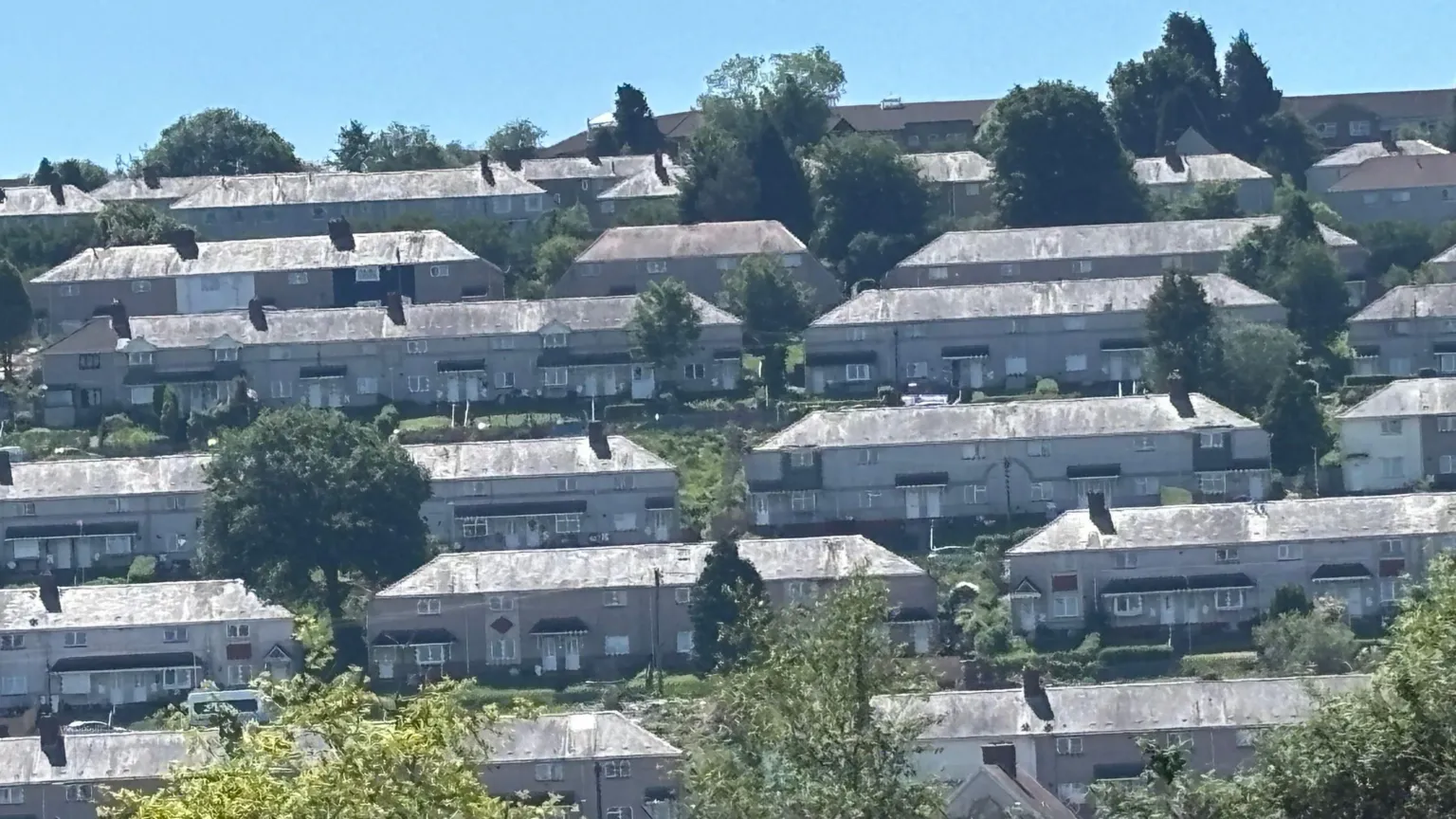 Rows of terraced housing in Townhill, with lots of green trees and a sunny blue sky overhead