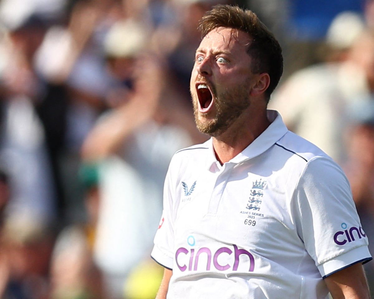Ollie Robinson roars in delight after seeing off David Warner at Edgbaston in June 2023.
