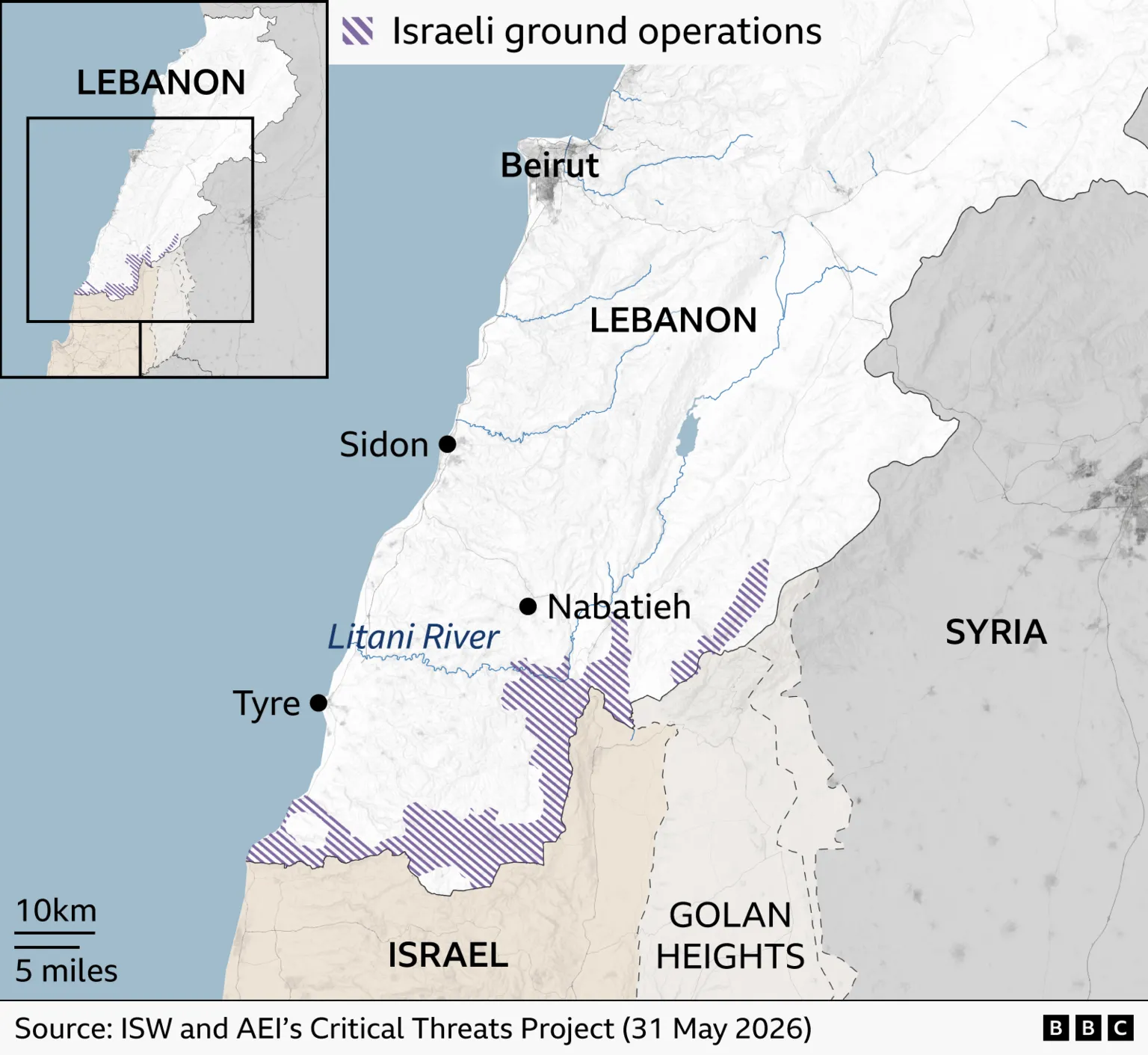 A map of Lebanon, Israel, Syria and the Golan Heights
