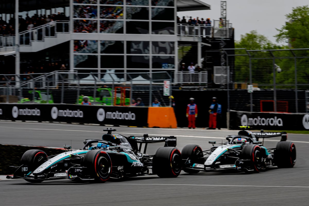 George Russell competes with Kimi Antonelli on the track at the Canadian Grand Prix