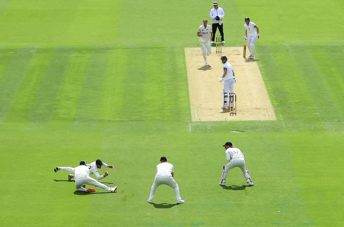 General view as New Zealand’s Kane Williamson takes a catch to dismiss England’s Ben Stokes, off the bowling of Kyle Jamieson