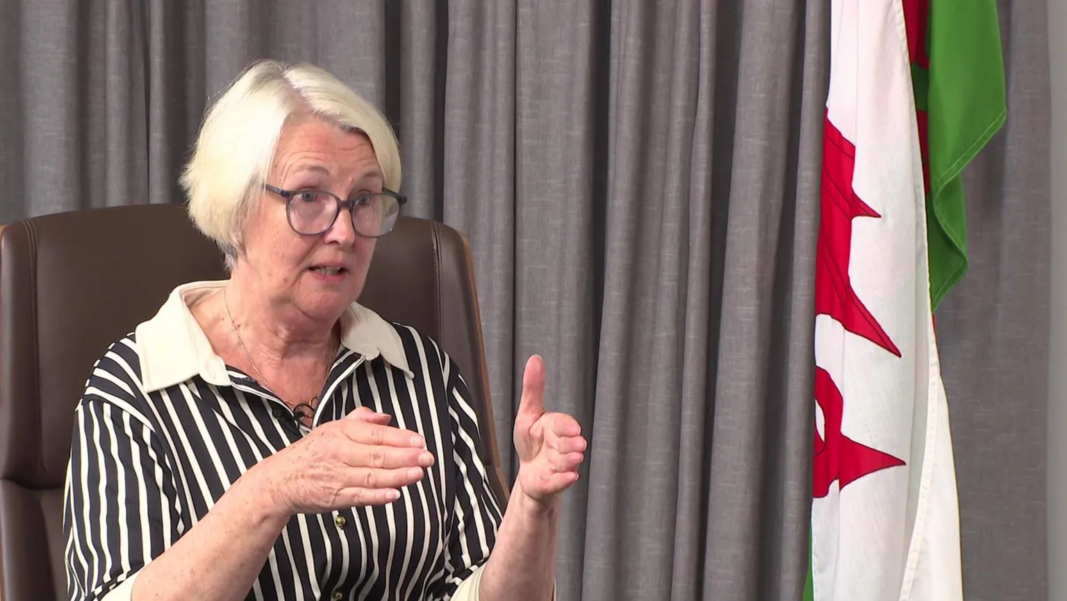 Siân Gwenllian seated in a brown leather chair. She has short, light-coloured hair and is wearing glasses with rounded frames. She is dressed in a collared top with black-and-white vertical stripes and a light-coloured collar and is holding both hands raised in front of her. The Welsh flag stands upright on what appears to be a flagpole to her left-hand side.