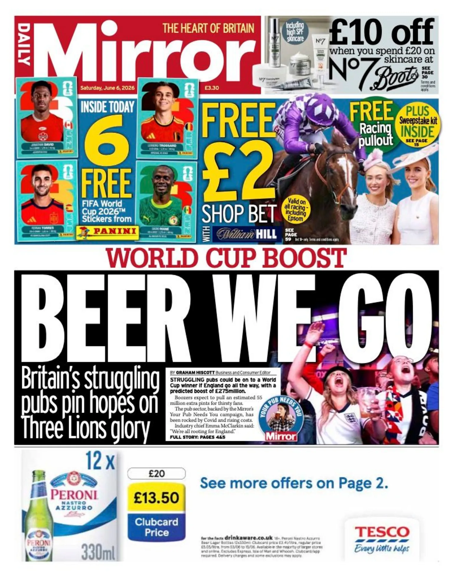 The Daily Mirror's headline reads 'Beer we go'