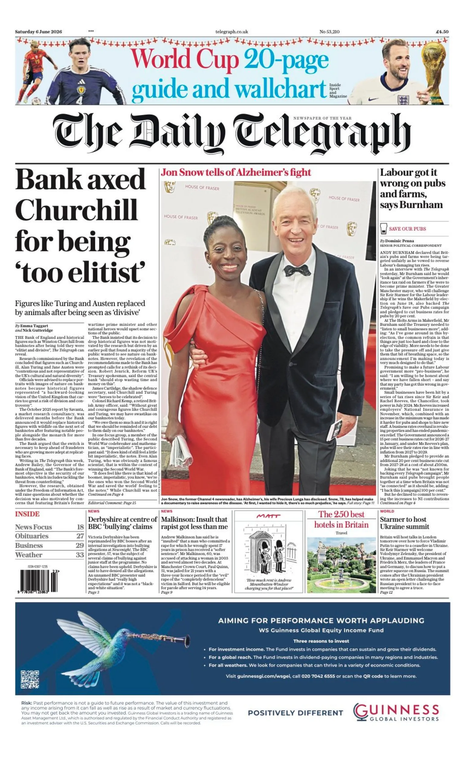 The Daily Telegraph's front page headline is 'Bank axed Churchill for being 