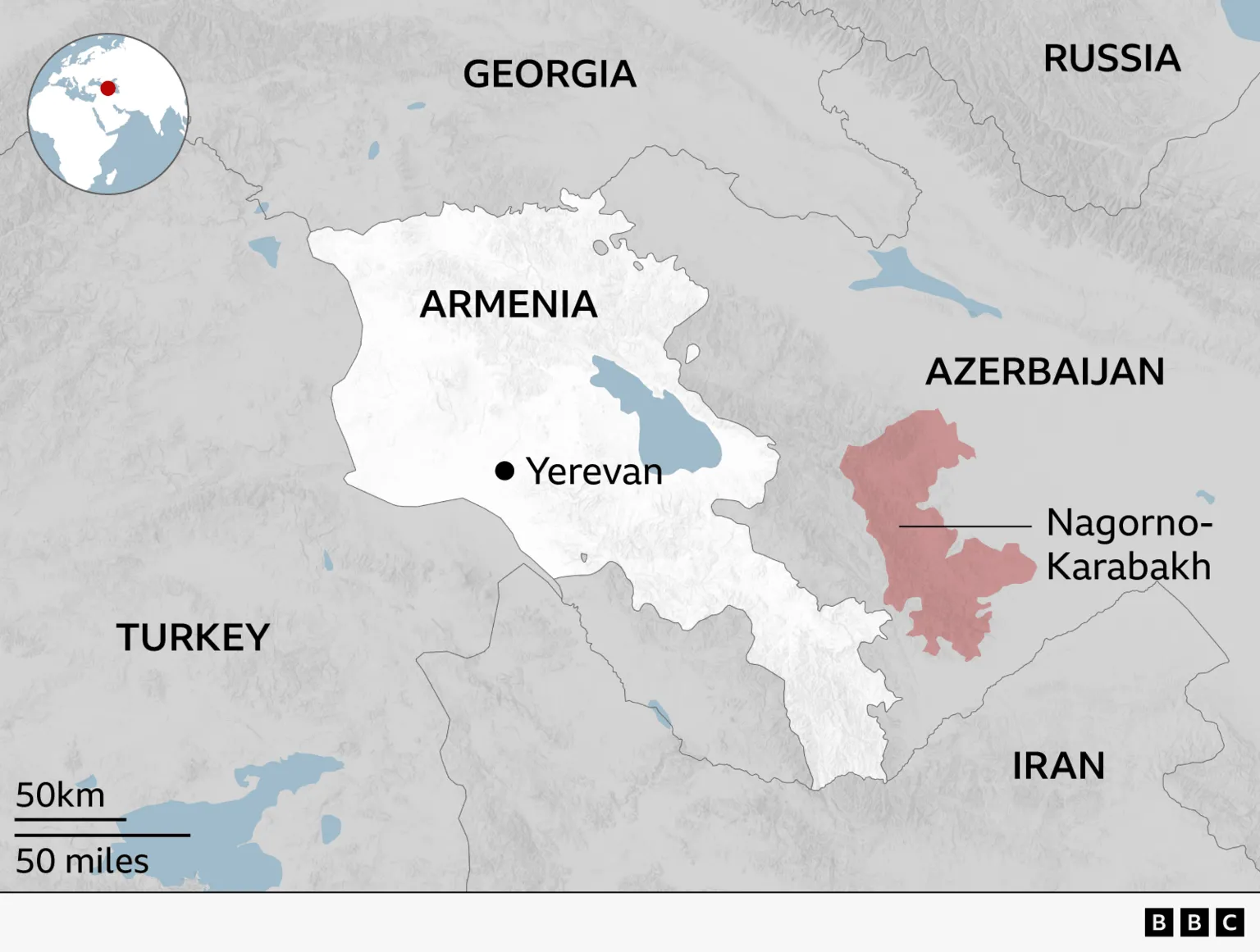 Map of the South Caucasus highlighting Armenia in white with its capital Yerevan marked by a black dot. Surrounding countries are labelled: Turkey to the west, Georgia to the north, Azerbaijan to the east, and Iran to the south, with Russia shown further northeast. The region of Nagorno-Karabakh is shaded in red within Azerbaijan to the east of Armenia. A small inset globe in the top-left shows the region’s location in the world, and a scale bar indicates distances of 50 km and 50 miles. 