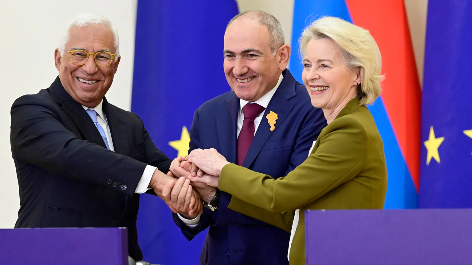 AFP via Armenia's Prime Minister Nikol Pashinyan (middle), European Commission President Ursula von der Leyen (right) and European Council President Antonio Costa (left) shake hands during a press conference at the Armenia-European Union summit in Yerevan on May 5, 2026.