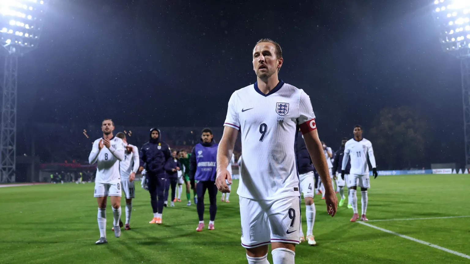  Harry Kane of England leads players from the pitch in the FIFA World Cup 2026 qualifier match between Latvia and England at Daugava Stadium in October 2025 in Riga, Latvia.