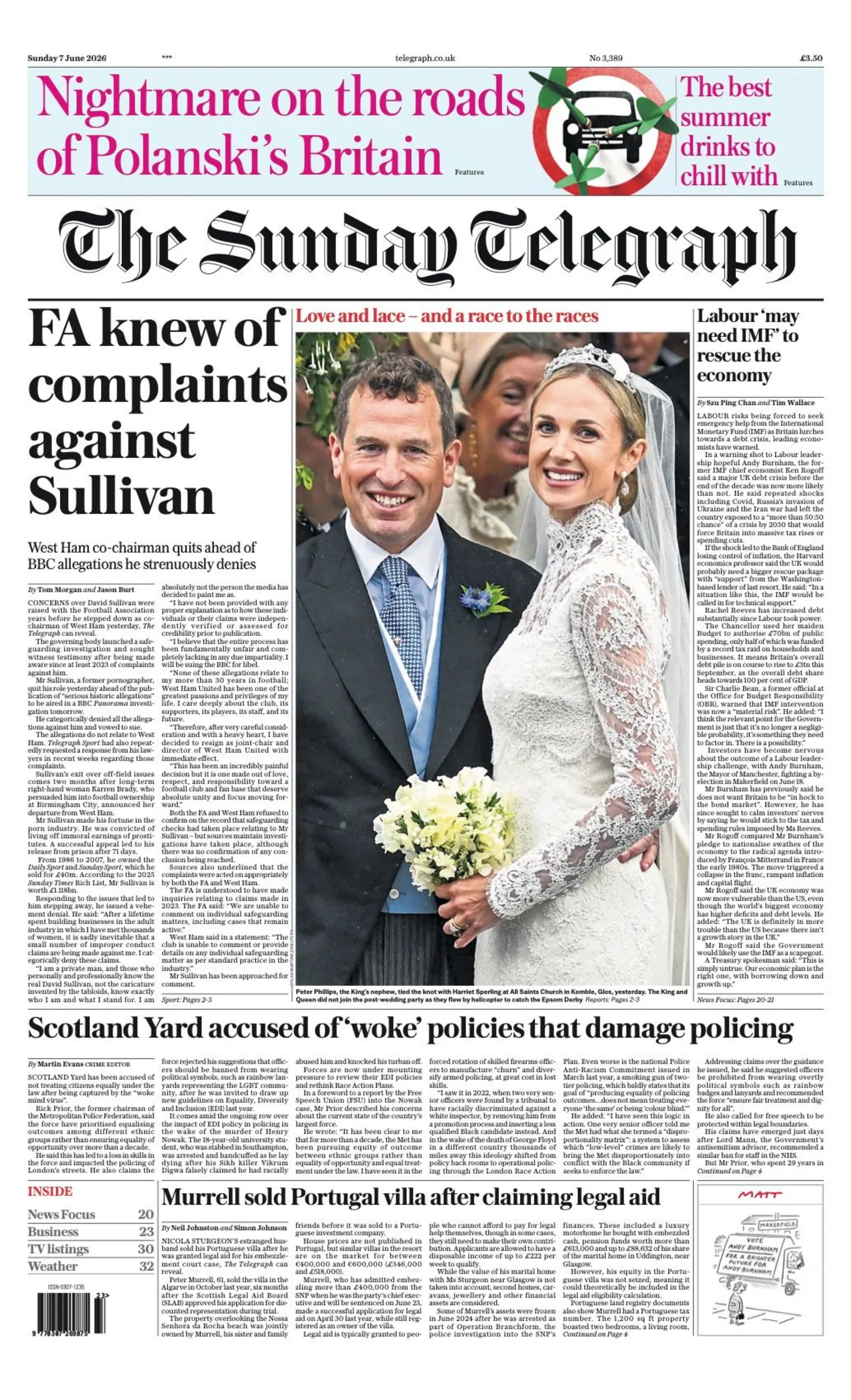 The Sunday Telegraph headline reads 'FA knew of complaints against Sullivan'