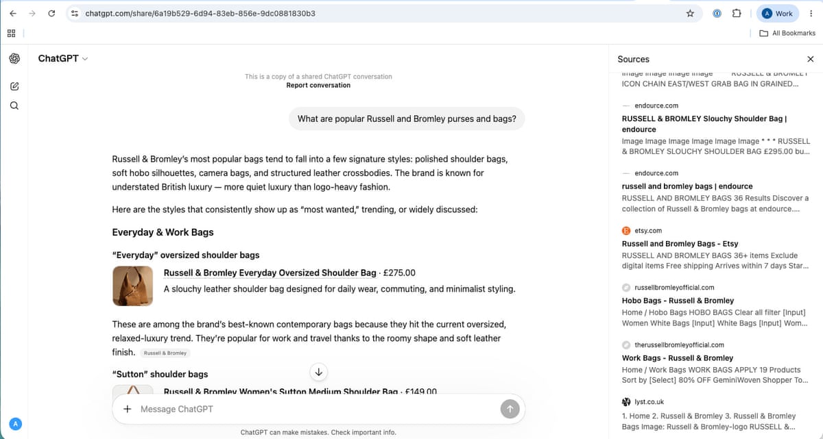 ChatGPT search that shows a fake site as one of its sources