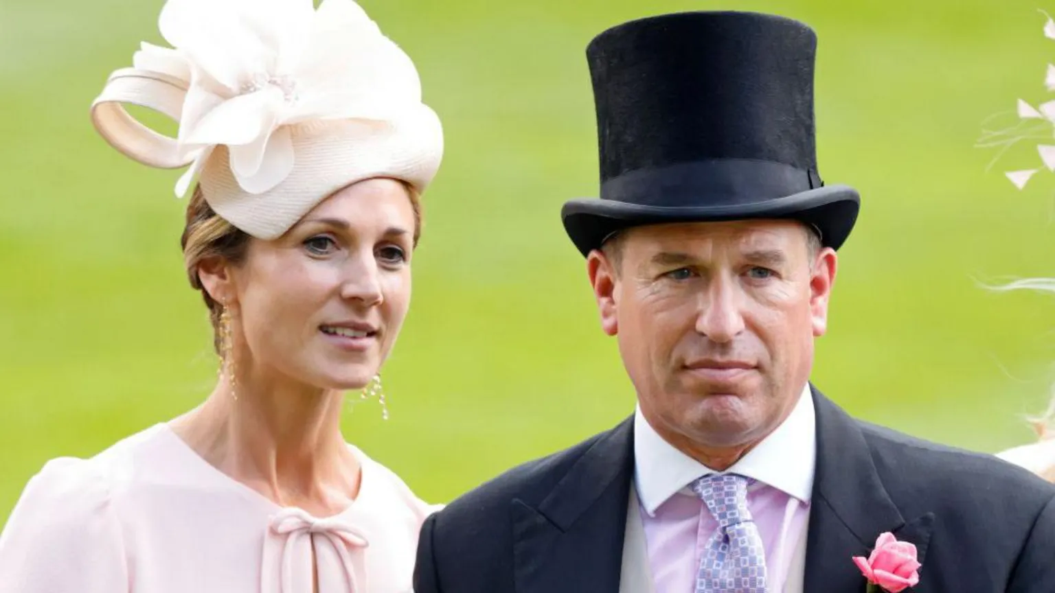 Max Mumby/Indigo via Harriet Sperling wears a cream hat and dress, while Peter Phillips wears a top hat and suit