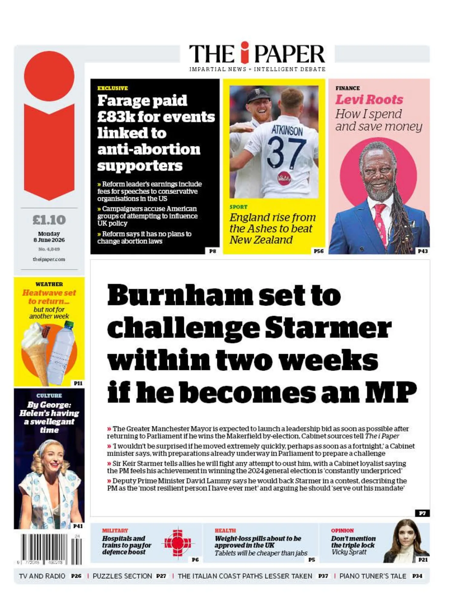 The headline on the front page of the i Paper reads: