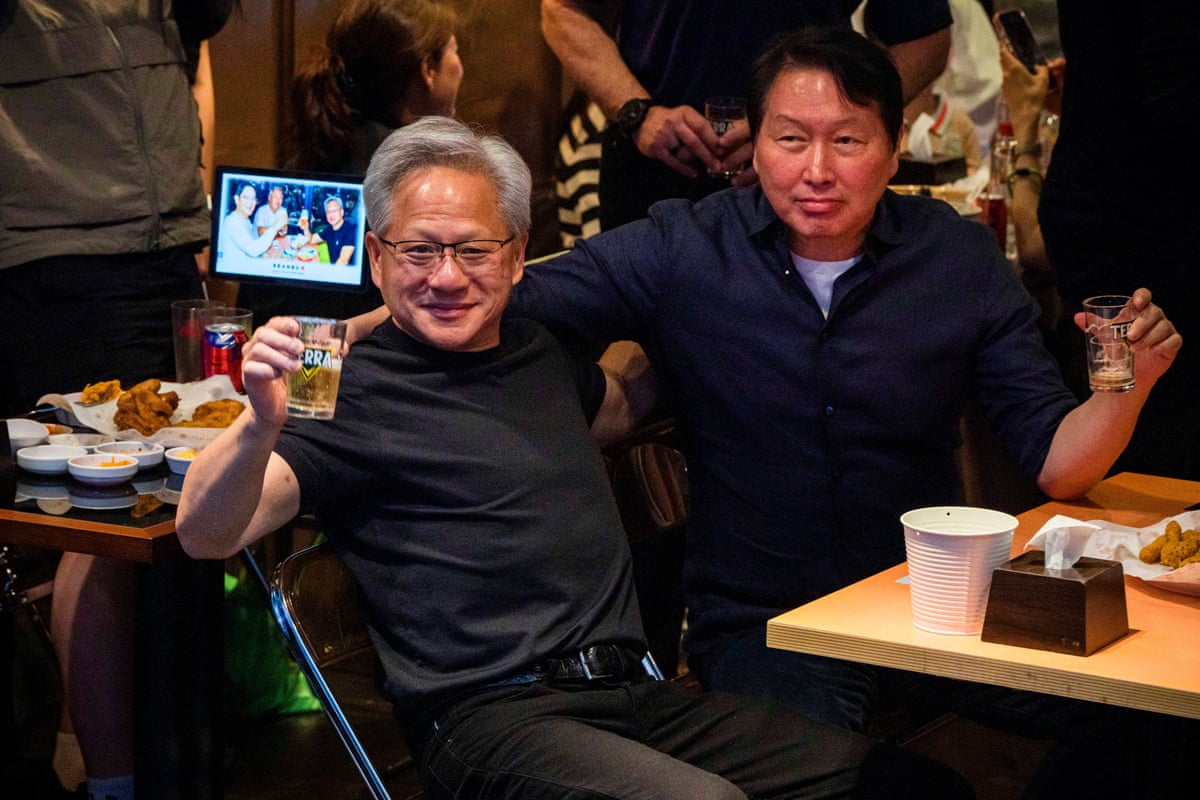 Nvidia founder and CEO Jensen Huang dining with SK Group chairman Chey Tae-Won at Kkanbu Chicken.