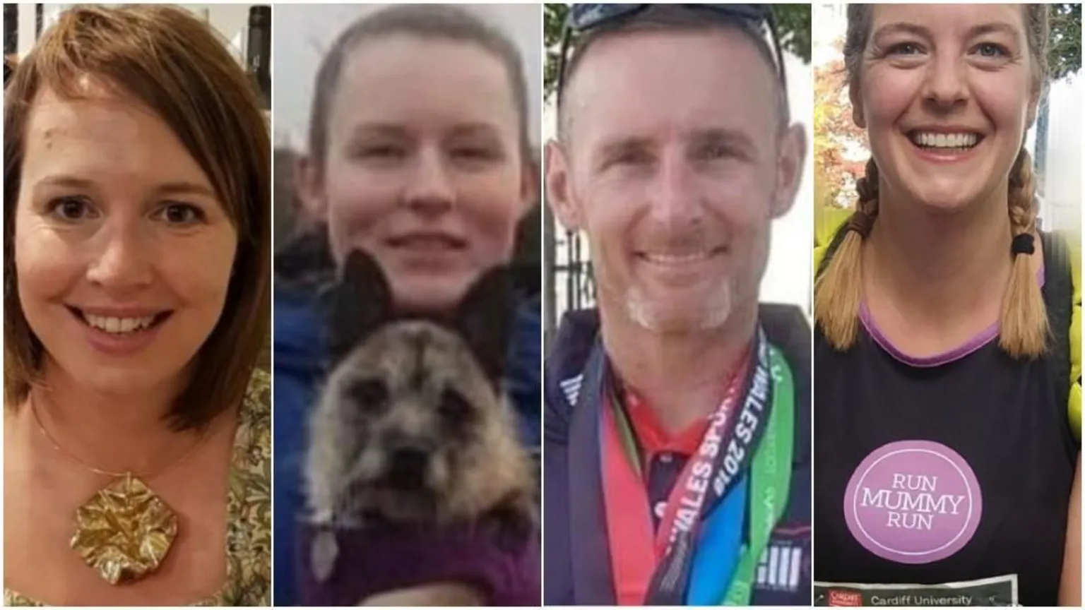 Family photos A composite image of Nicola Wheatley, Morgan Rogers, Paul O'Dwyer and Andrea Powell. They all smile at the camera. Nicola has shoulder-length dark hair and wears a large gold pendant necklace. Morgan is pictured with a dog and and has her dark hair pulled back. Paul has short stubble and is pictured with sunglasses on his head and a number of medals around his neck. Andrea's blonde hair is tied back in two plaits and she wears a running vest.