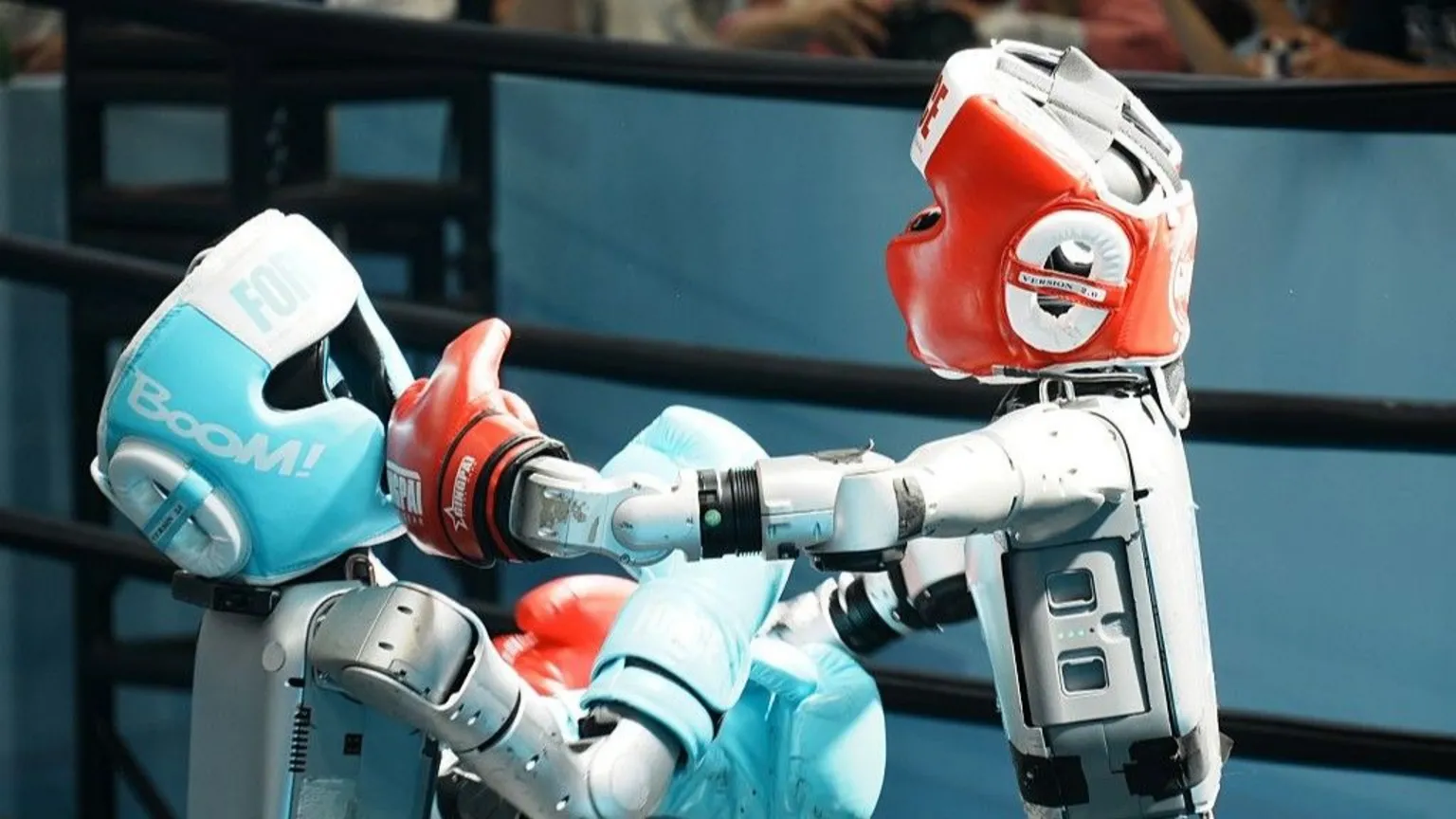 CFOTO/Future Publishing via Two robots boxing in a ring. One has a light blue head protector with matching gloves, the other wears red.