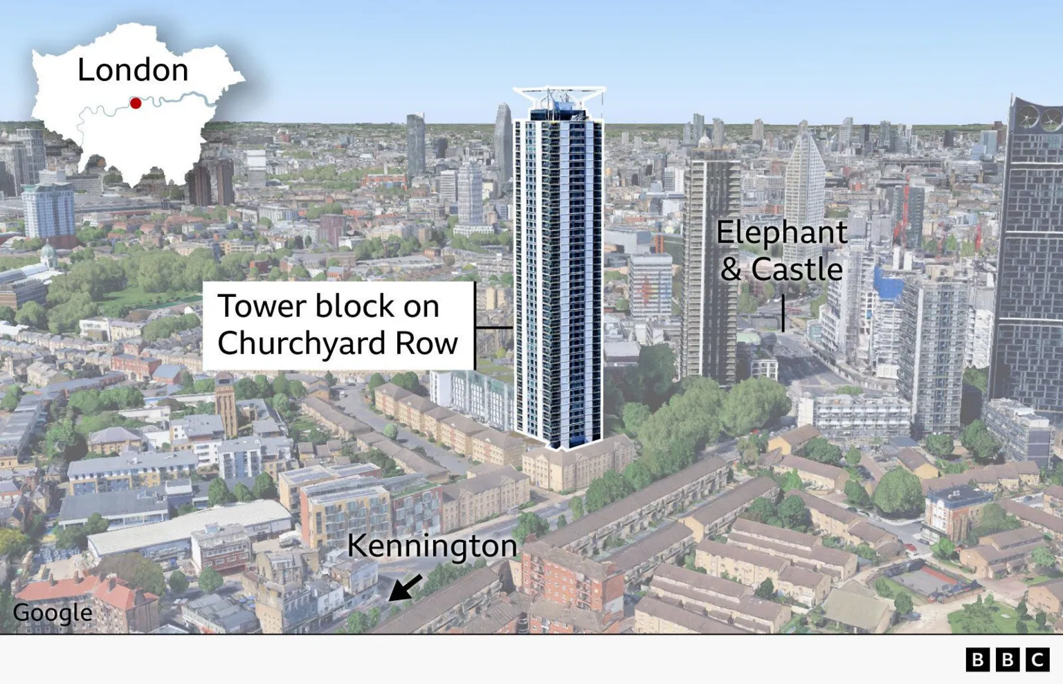 An annotated image from Google Earth of the tower block on Churchyard Row, showing the 45-floor building high above the surrounding low residential buildings. The Elephant and Castle junction is labelled to the north east of the tower block and a label shows Kennington is to the south west of the tower block. A small inset map of London shows the location of the area in the centre of the city, just south of the River Thames.