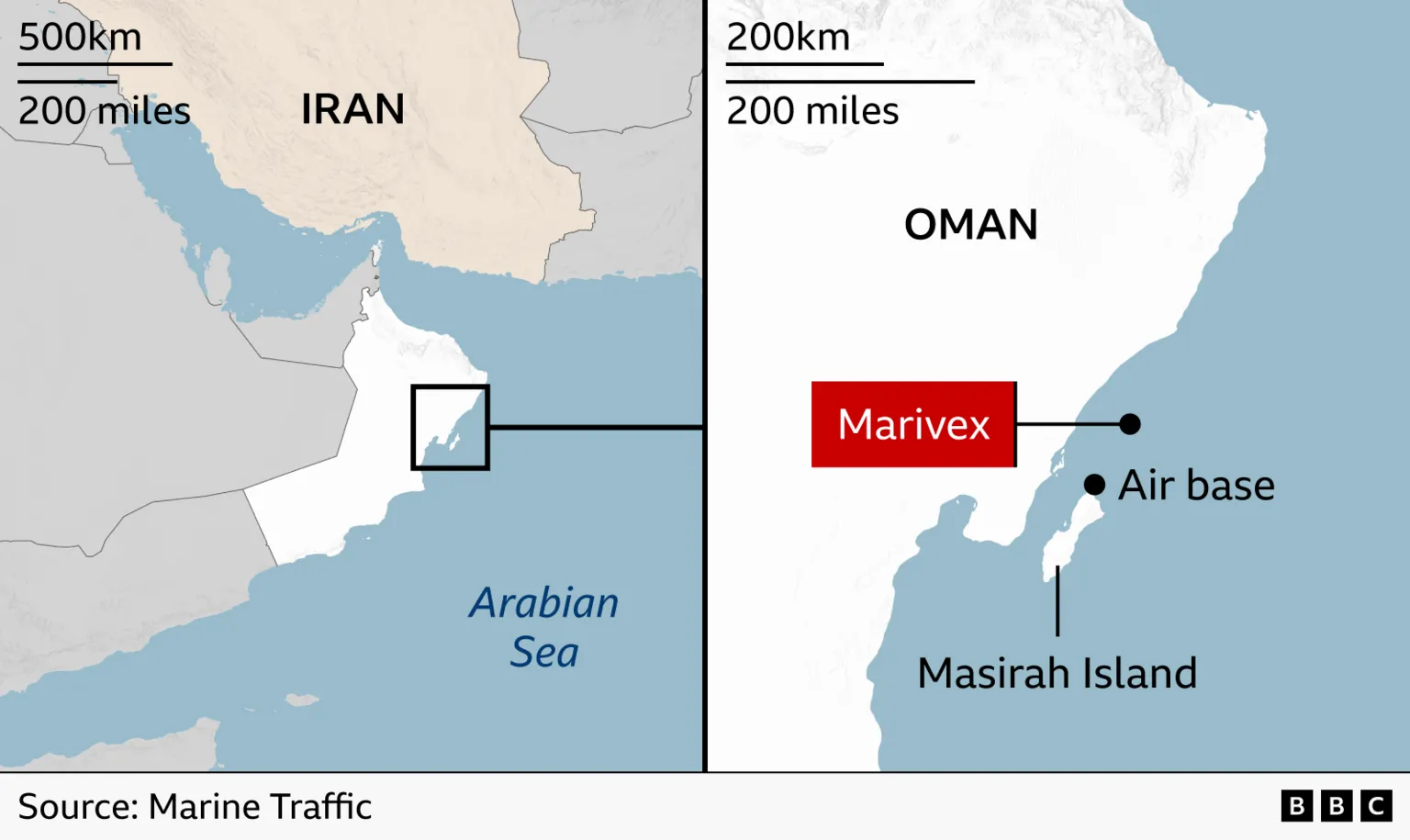 A map showing the location of Marivex and Masirah Island