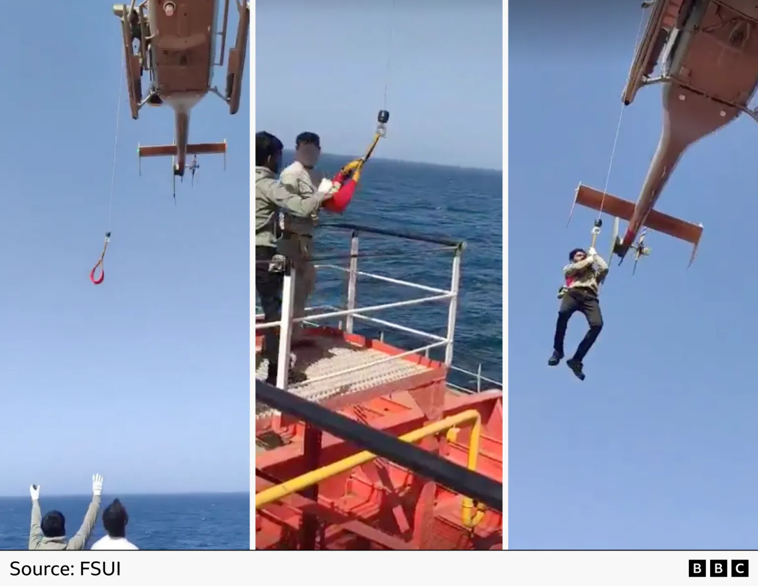 A composite image showing (l-r) the Omani helicopter lowering its harness, a crew member attaching it to their body and then being winched off the ship