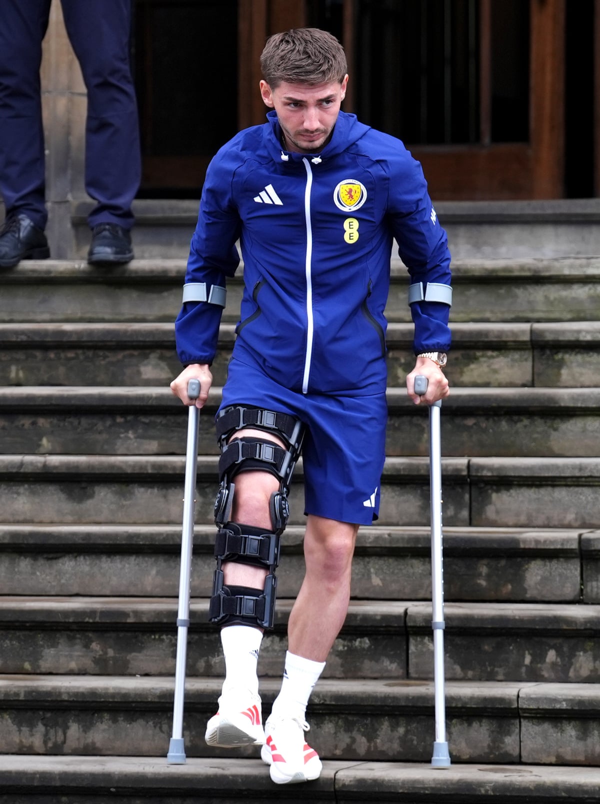 Scotland's Billy Gilmour on crutches after the players leave the team hotel in Glasgow before departing for the World Cup