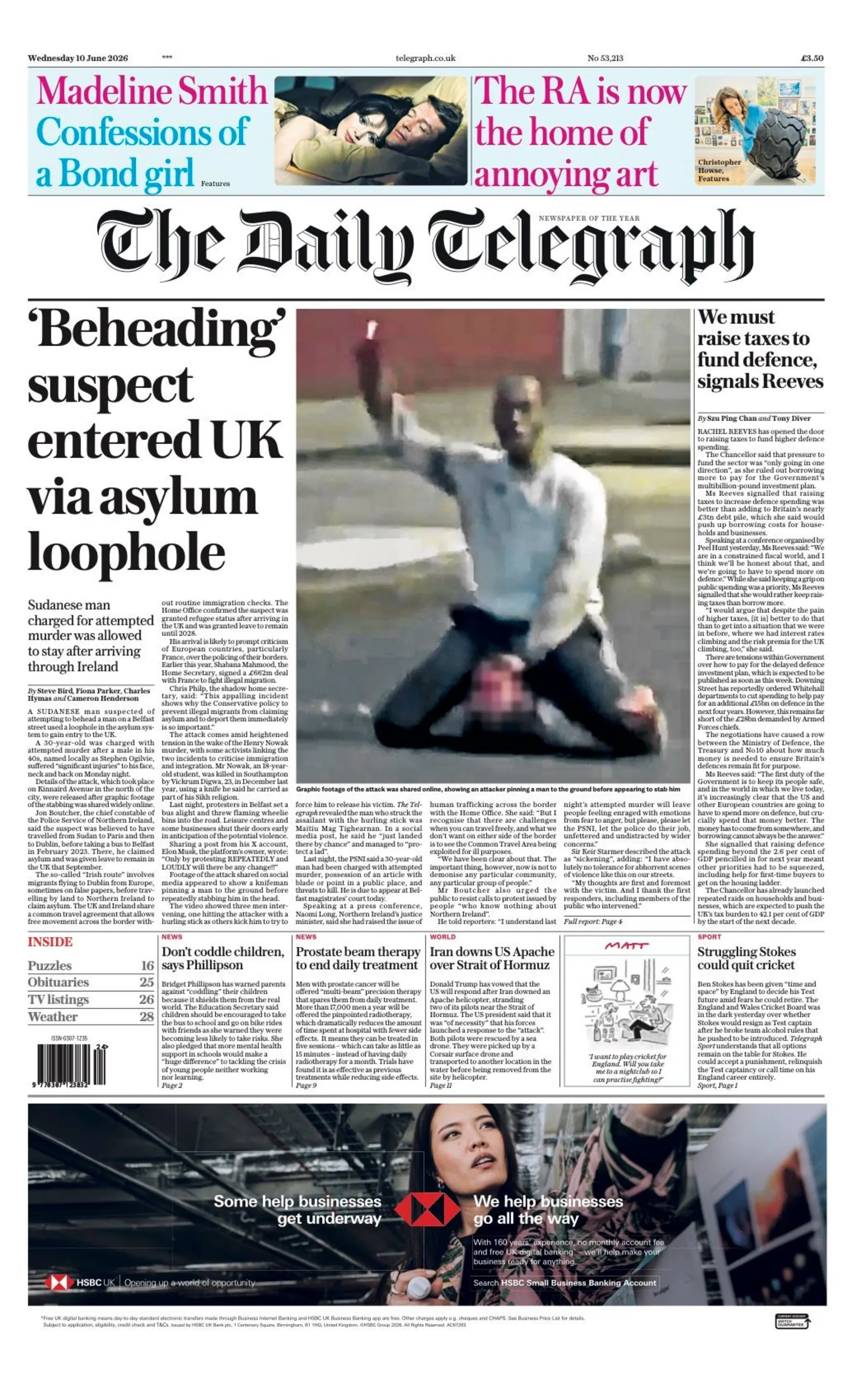 The headline on the front page of the Daily Telegraph reads: