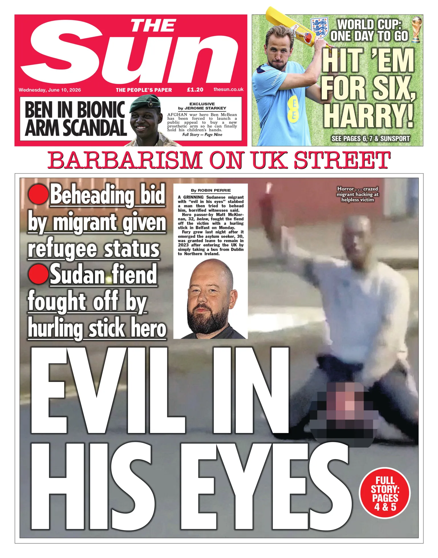 The headline on the front page of the Sun reads: