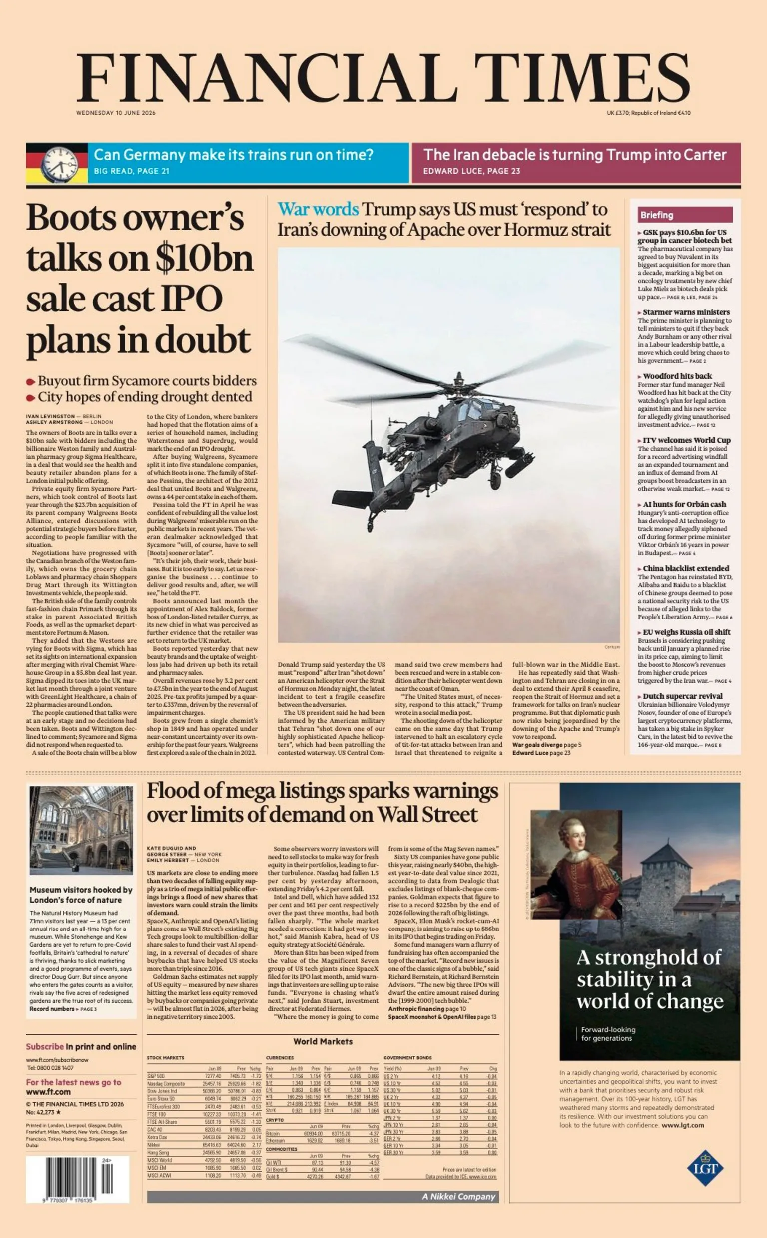 The headline on the front page of the Financial Times reads: