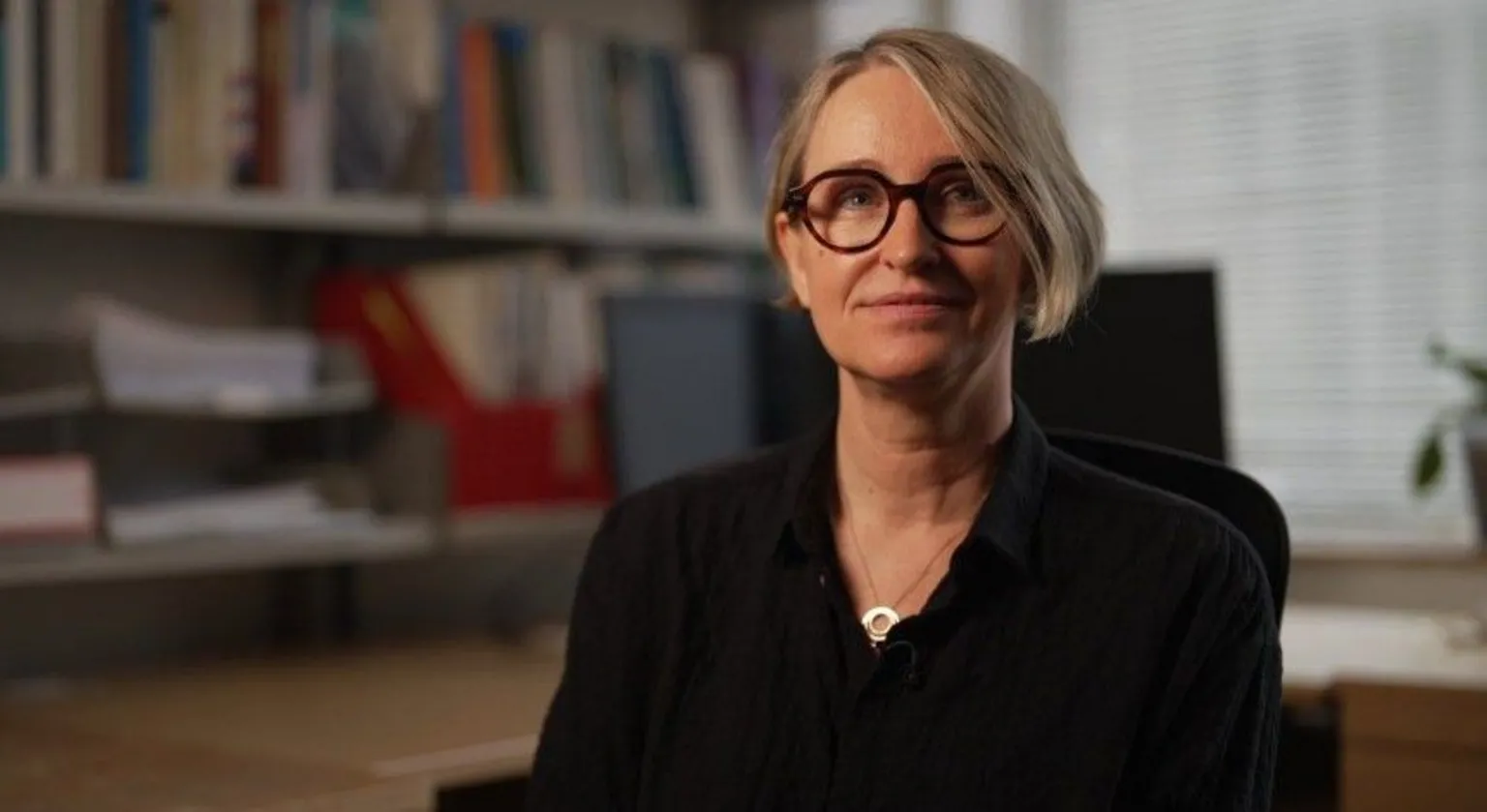 Lead researcher, associate Prof Anja Heilmann sitting down, wearing a black top with a silver necklace 