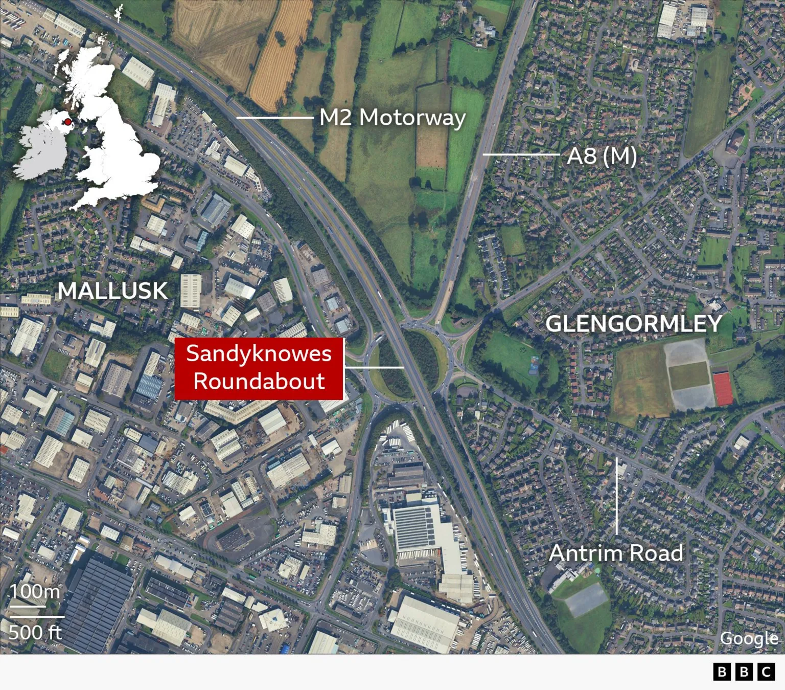 Googlemap showing Sandyknowes roundabout, with the M2 motorway marked as well as the A8, Glengormley, Antrim Road and Mallusk.