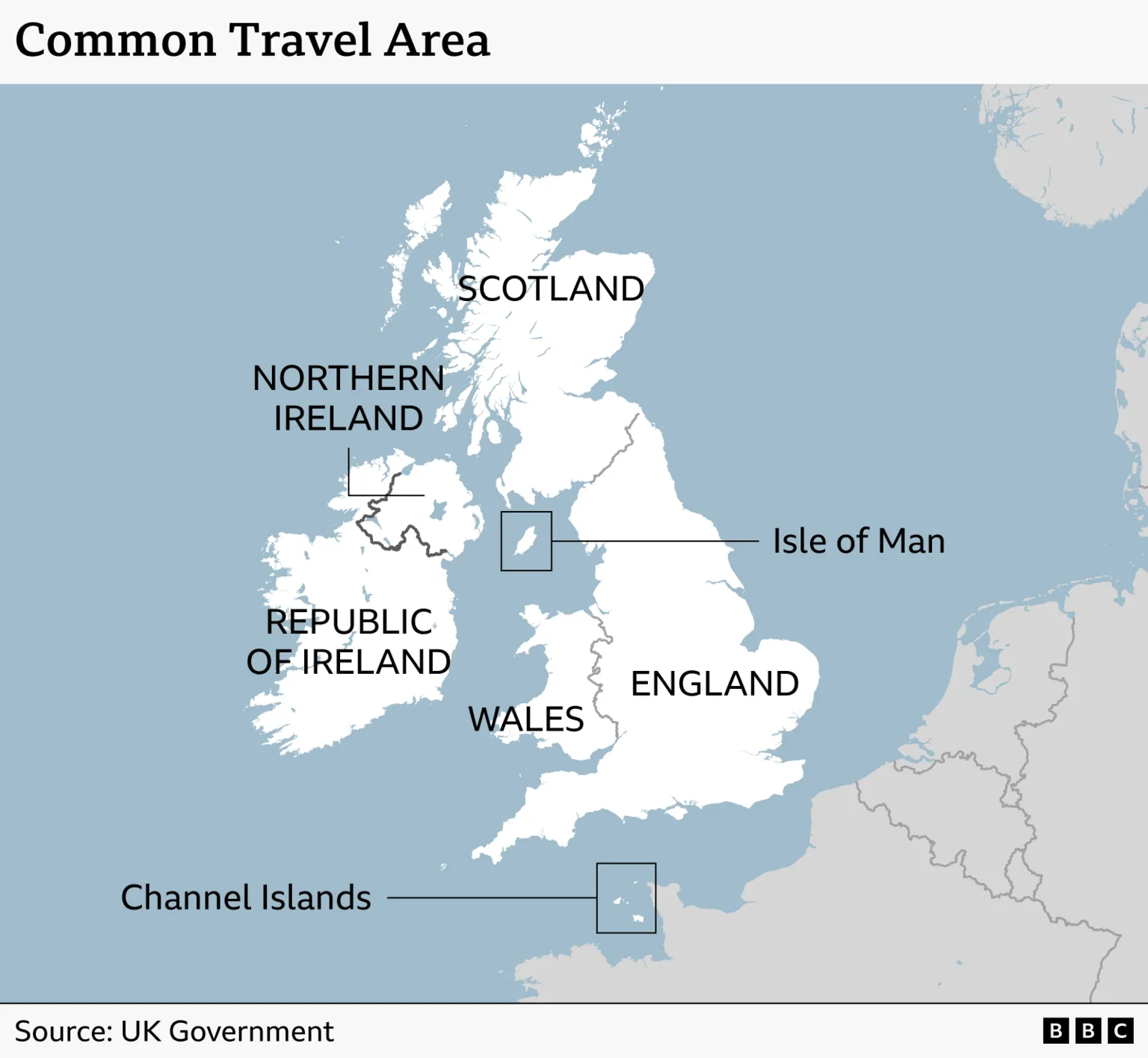 A map showing the Common Travel Area (CTA). It marks the UK, Ireland and the Channel Islands. 