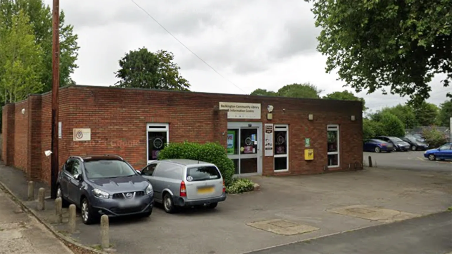 Google Bulkington library is a brick building. Above the door a sign reads: