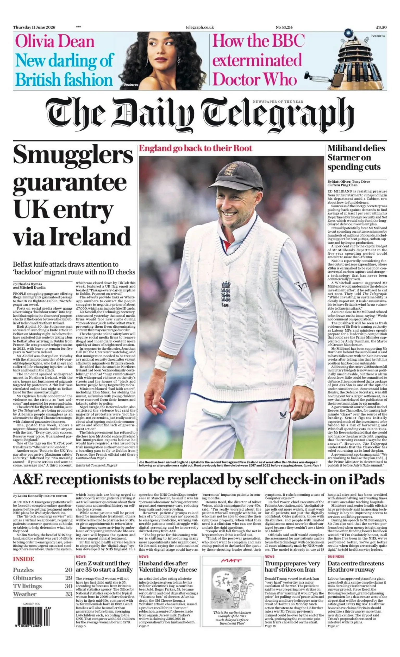 The headline on the front page of the Daily Telegraph reads: 