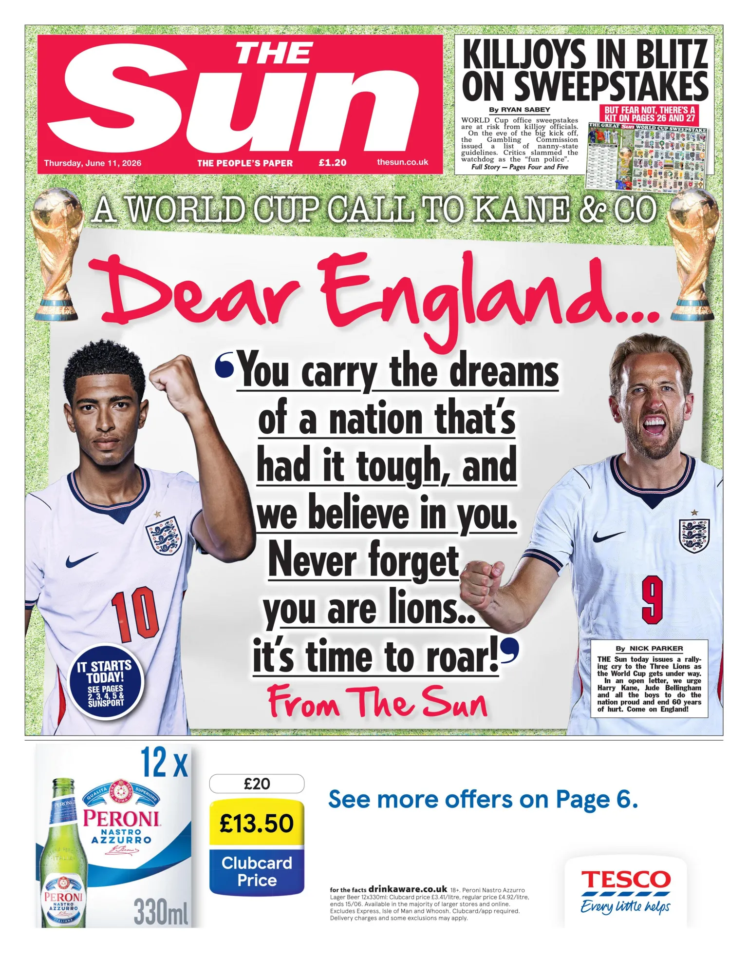 The headline on the front page of the Sun reads: 