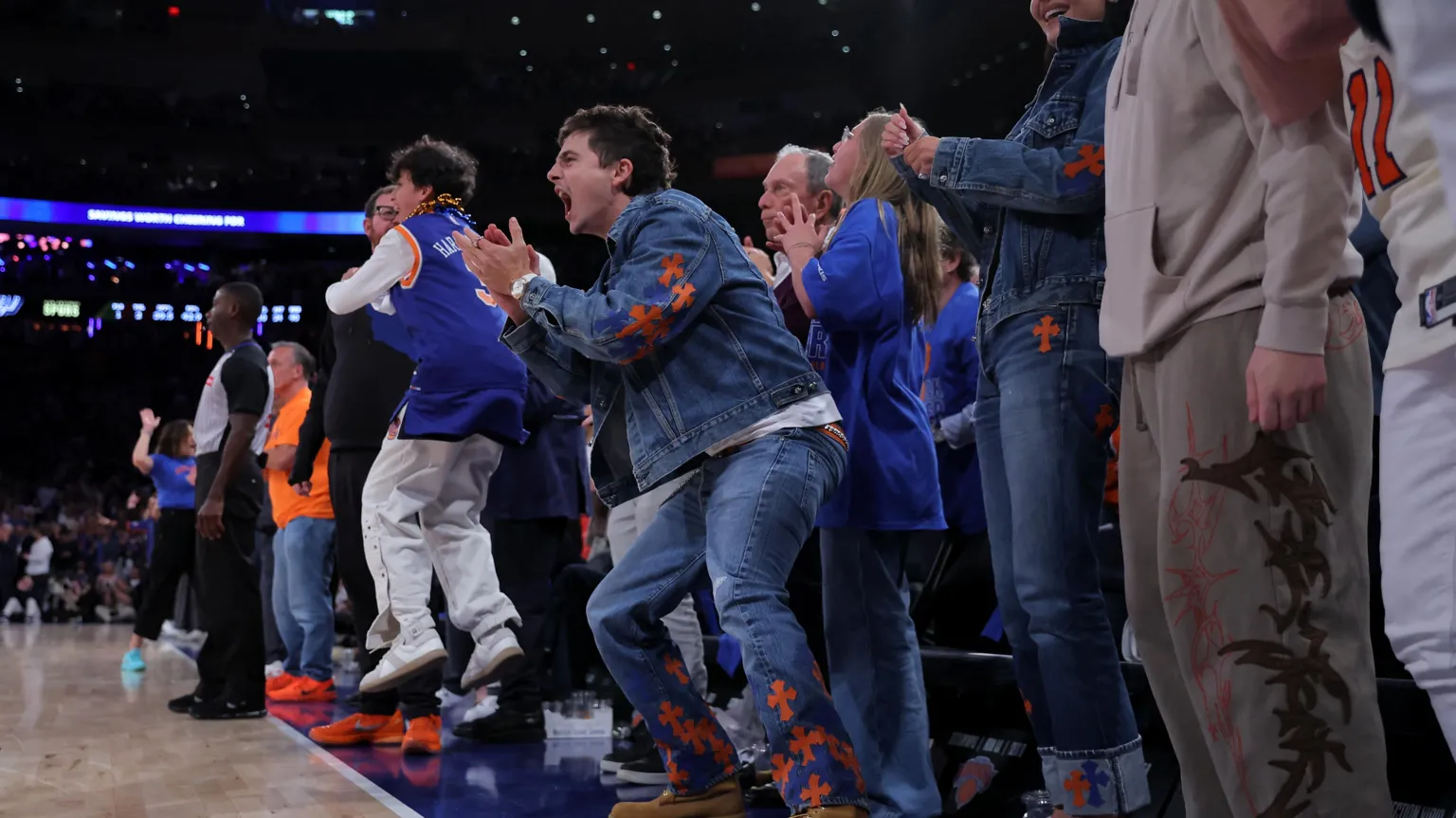 Timothee Chalamet and Kylie Jenner react in the fourth quarter between the New York Knicks and the San Antonio Spurs during game four of the 2026 NBA Finals.