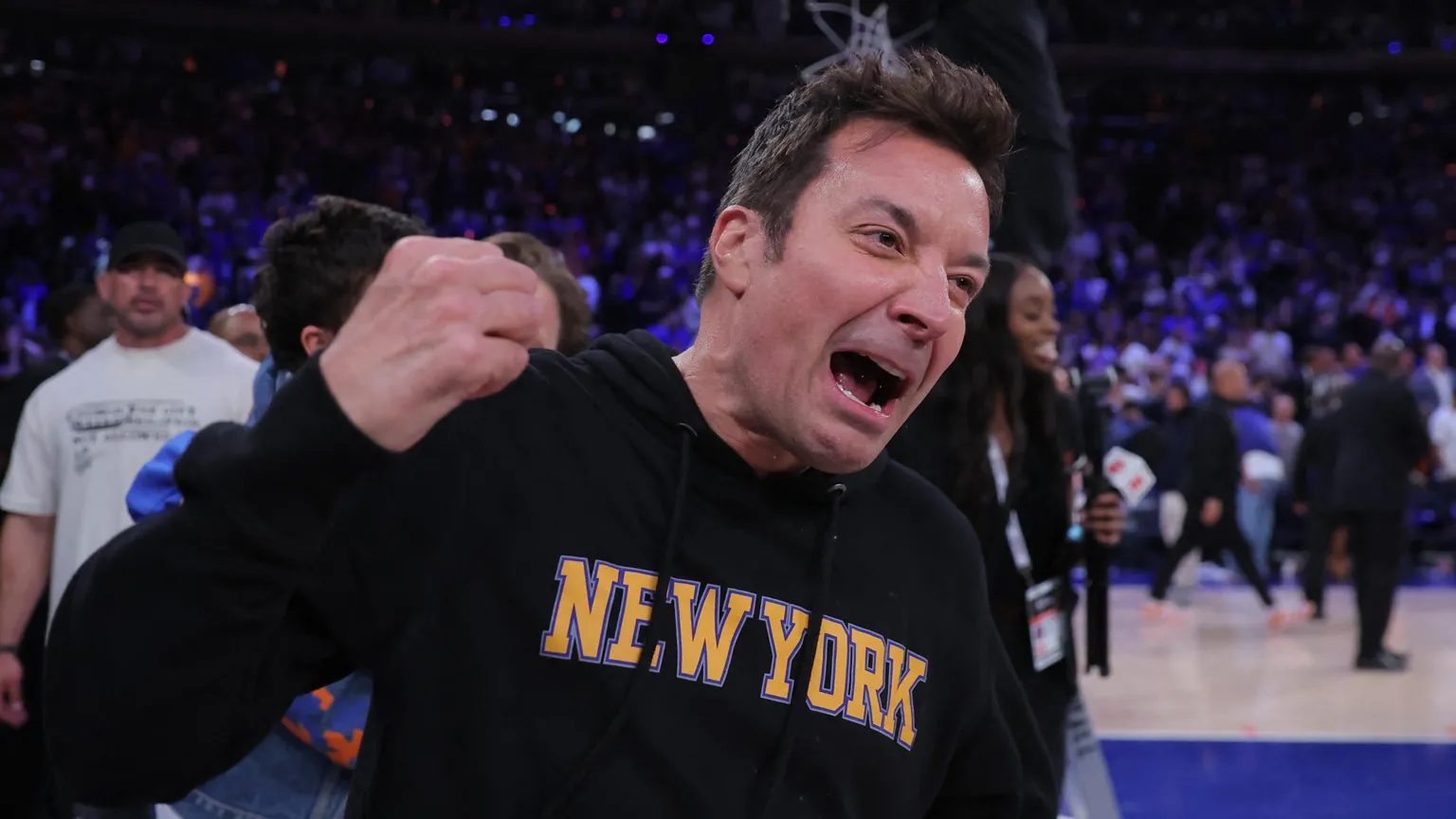 Jimmy Fallon reacts after the New York Knicks defeated the San Antonio Spurs in game four of the 2026 NBA Finals