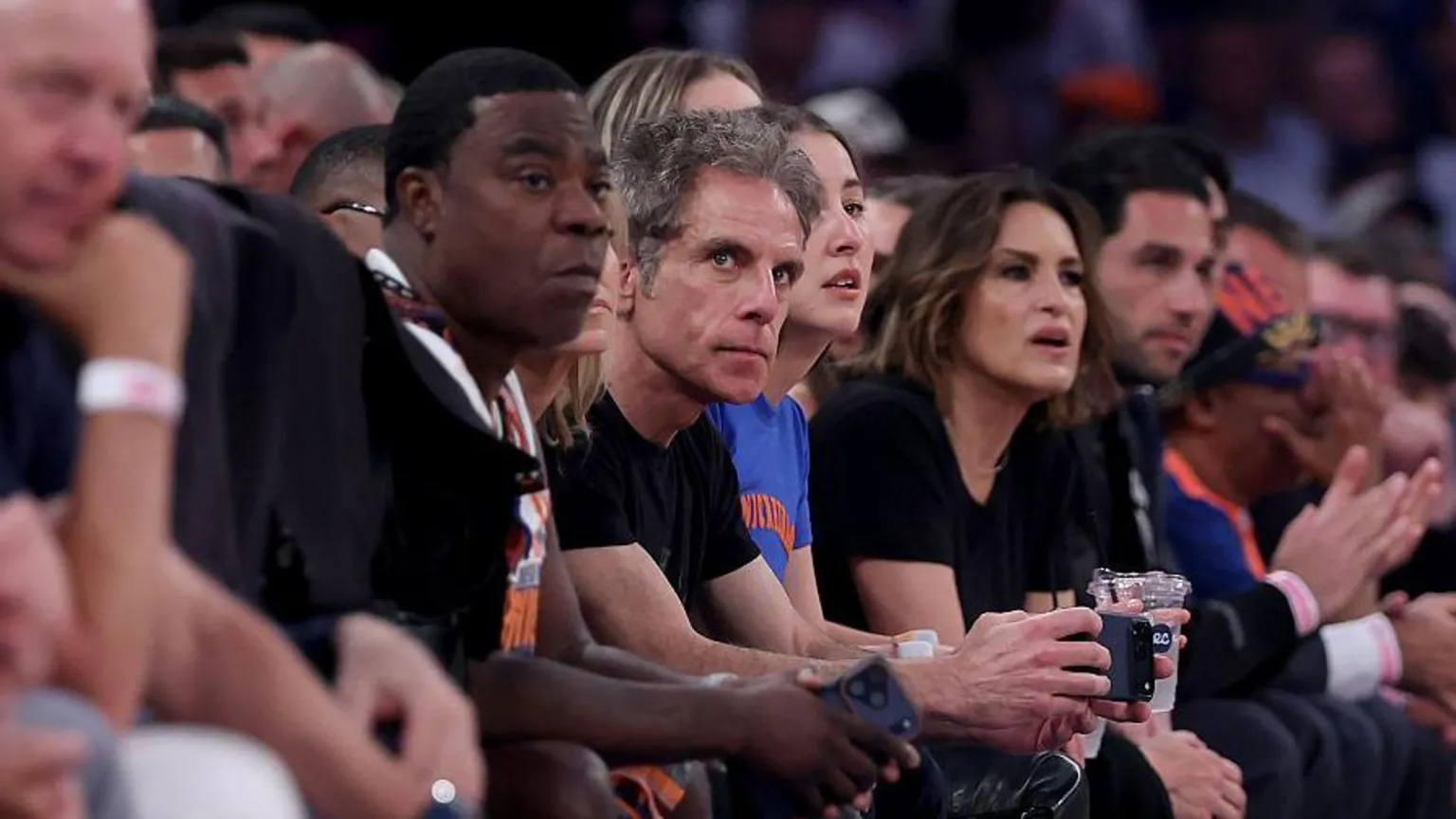 Ben Stiller, Tracy Morgan and Mariska Hargitay are in the front row of Game Four of the 2026 NBA Finals between the San Antonio Spurs and the New York Knicks at Madison Square Garden on June 10, 2026 in New York City.