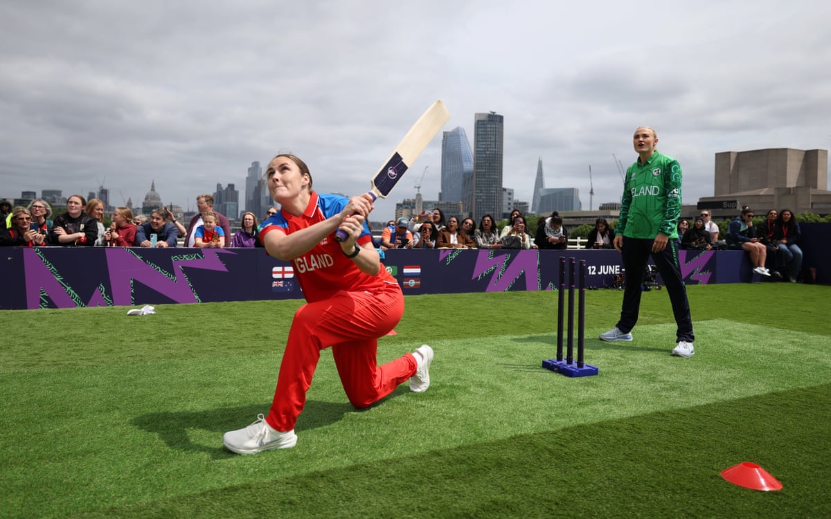 Nat Sciver-Brunt connects as Gaby Lewis of Ireland looks on at Waterloo Bridge.