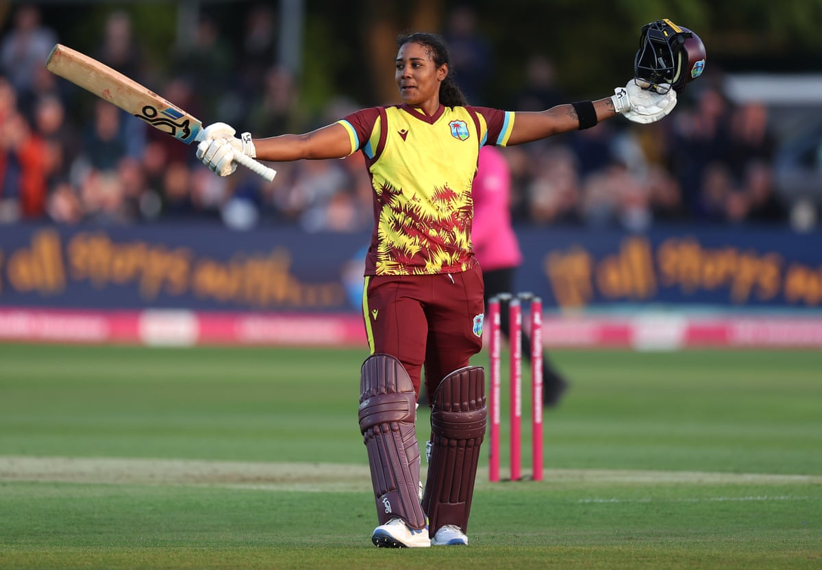 Hayley Matthews of West Indies celebrates reaching her century against England last year