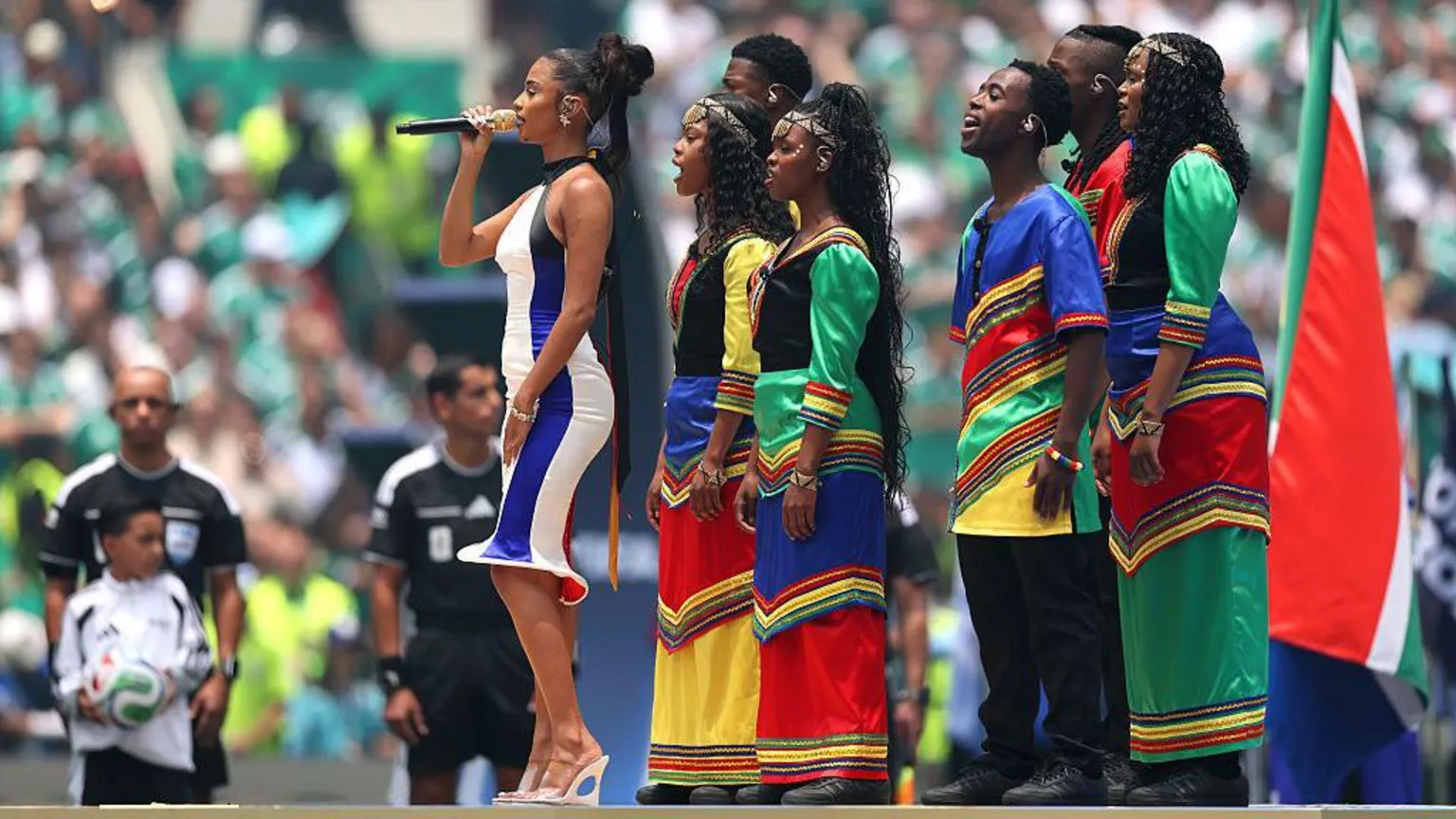 Tyla sings the South African national anthem during the FIFA World Cup 2026