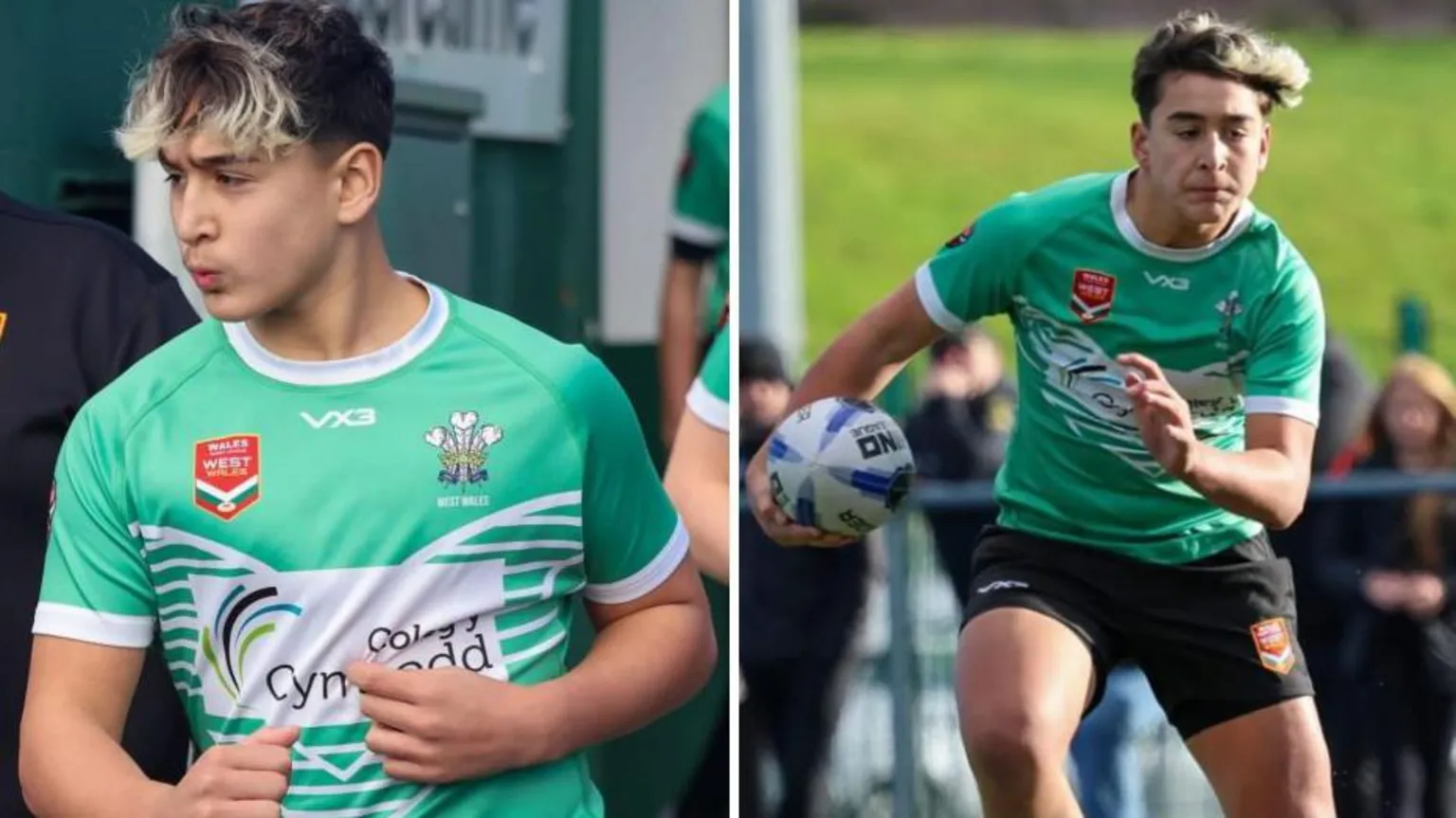 Kate and Chris two images of ethan in a green west wales rugby league strip. on picture he is on the sidelines with a cheeky look. the other he is on the pitch grimacing as a he runs hard with ball in hand. he had short dark hair in the back with long hair in the front and bangs with blonde highlights.
