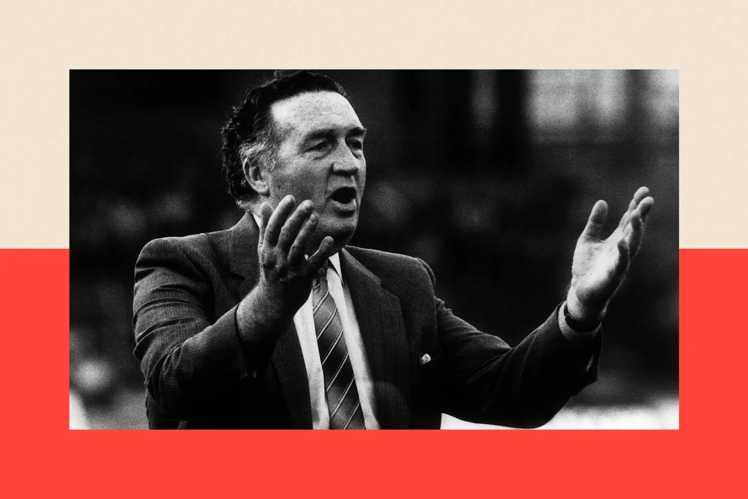 Daily Mirror/ A black and white photo of Jock Stein with his hands raised