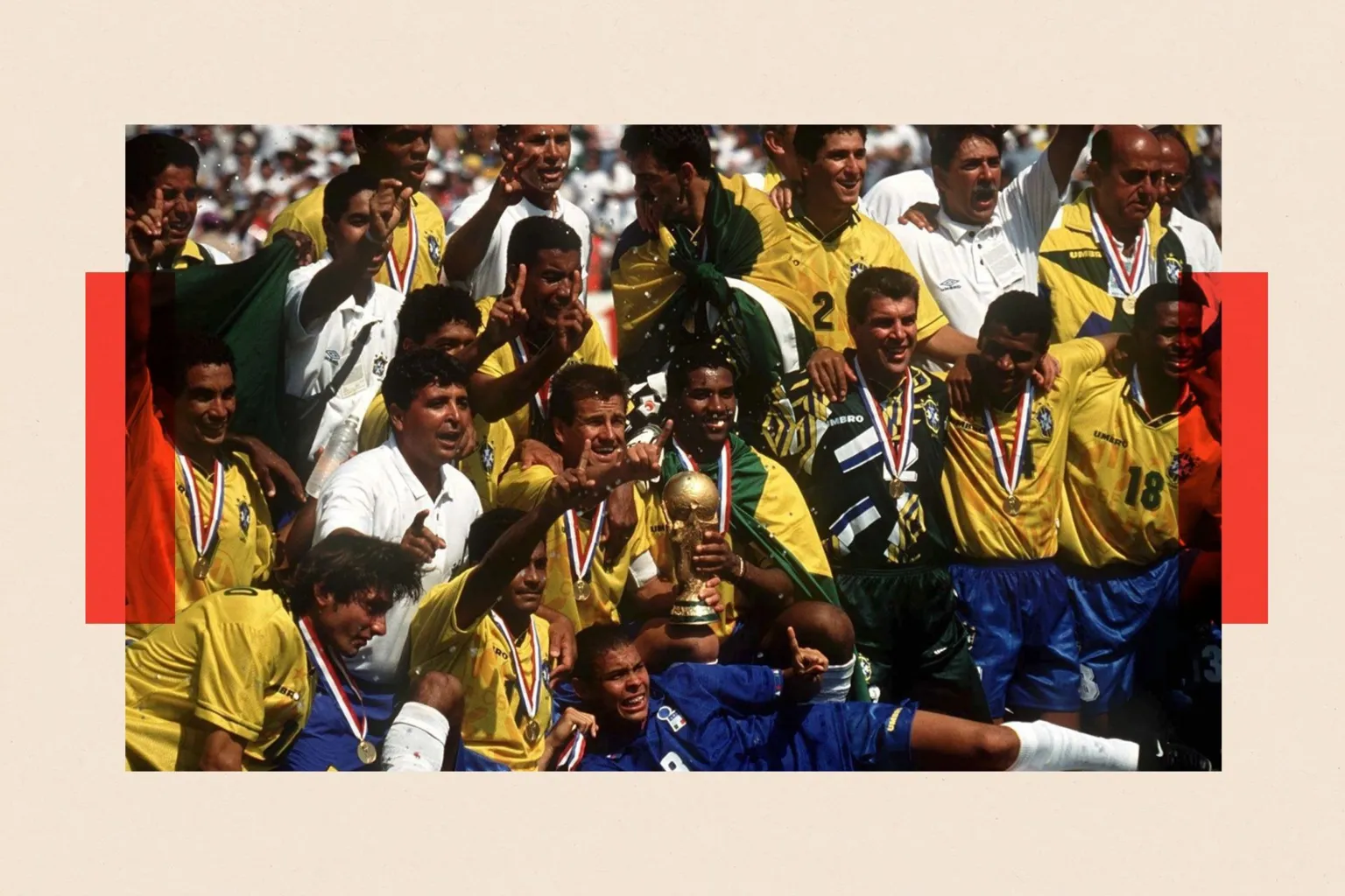 The brazilian football team celebrate after winning the World Cup in 1994