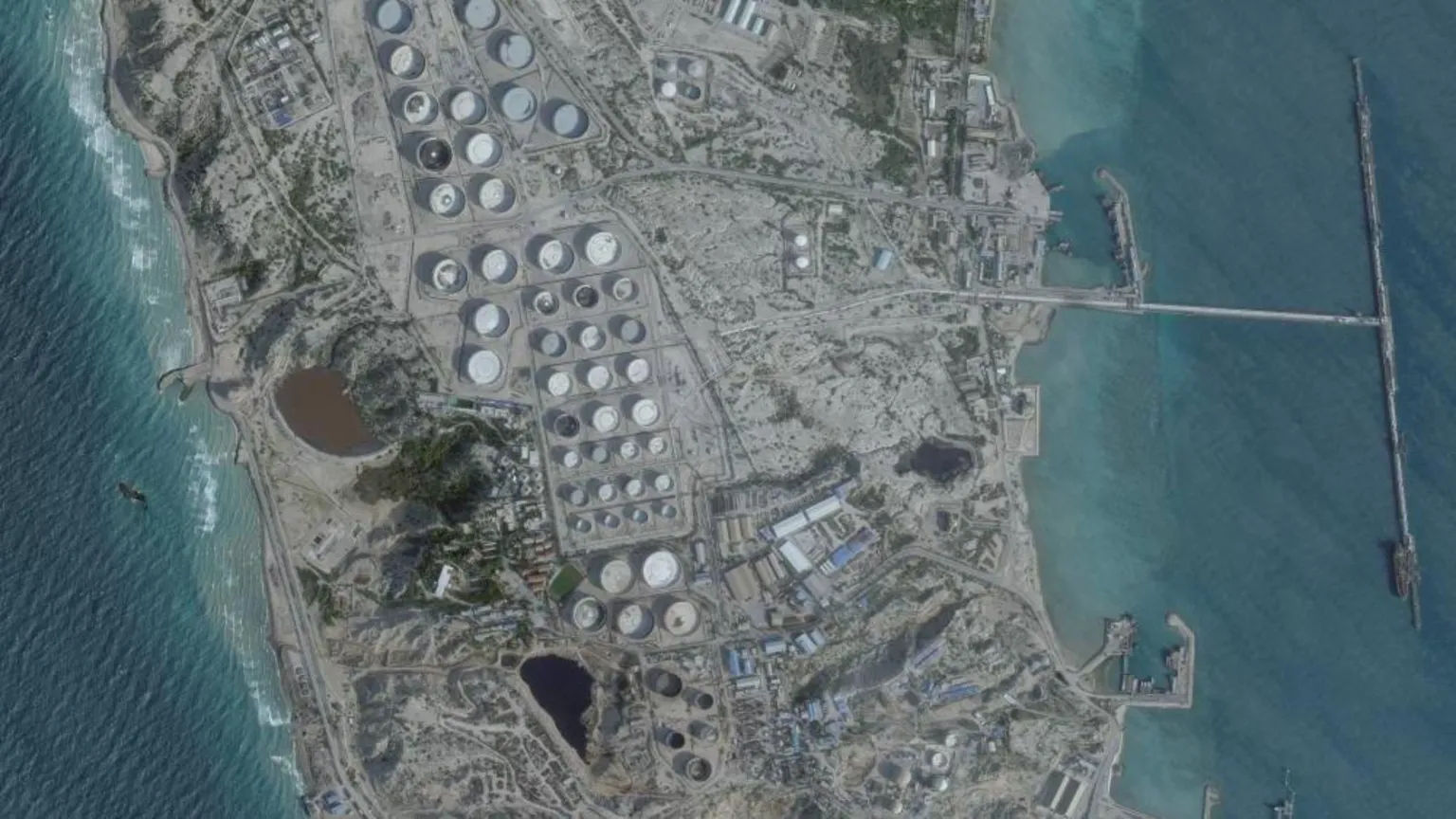 A satellite image showing an oil terminal at Kharg Island