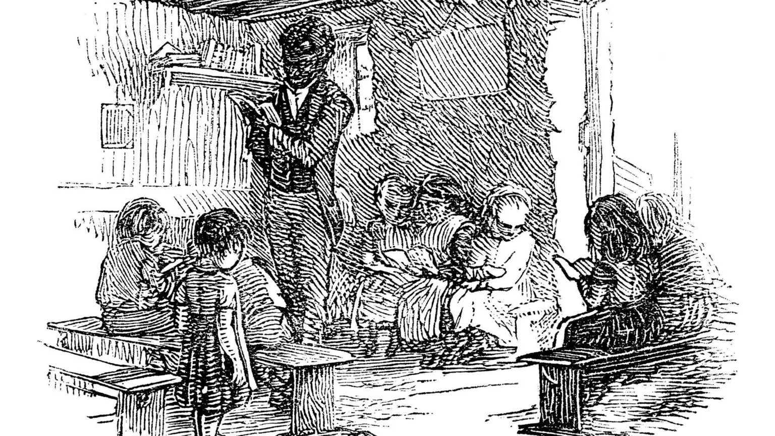 An etching of a black man standing with a book, surrounded by seated children