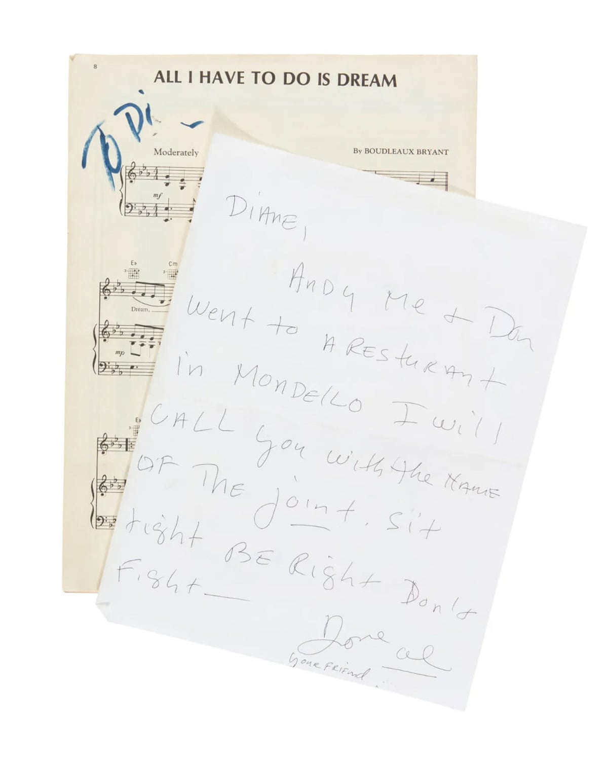 A handwritten letter and inscribed sheet music to Diane Keaton from Al Pacino.