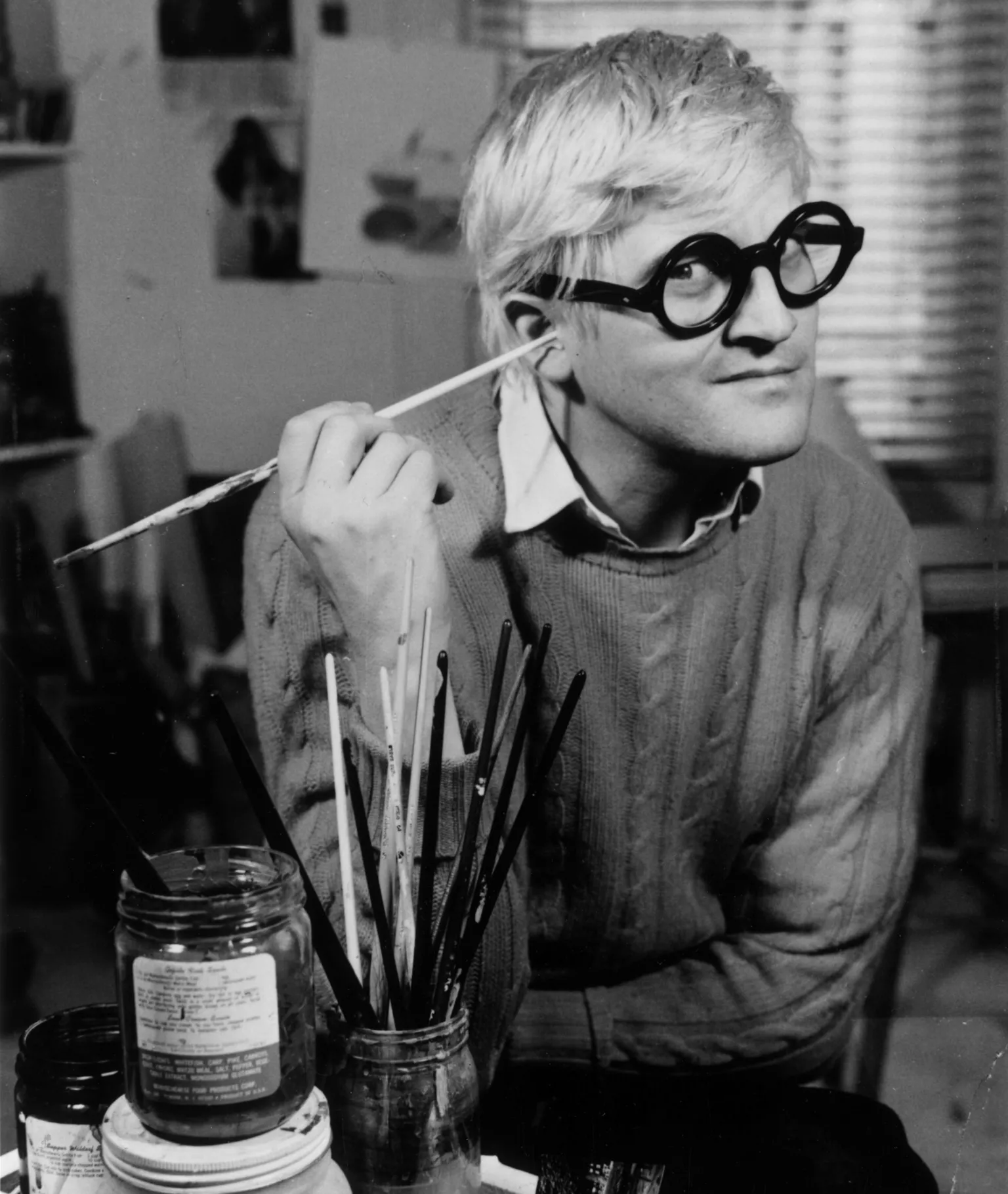 English pop artist, printmaker, stage designer and photographer David Hockney in his Bayswater studio just after Jonathan Cape published 72 of his drawings in book form. 1971