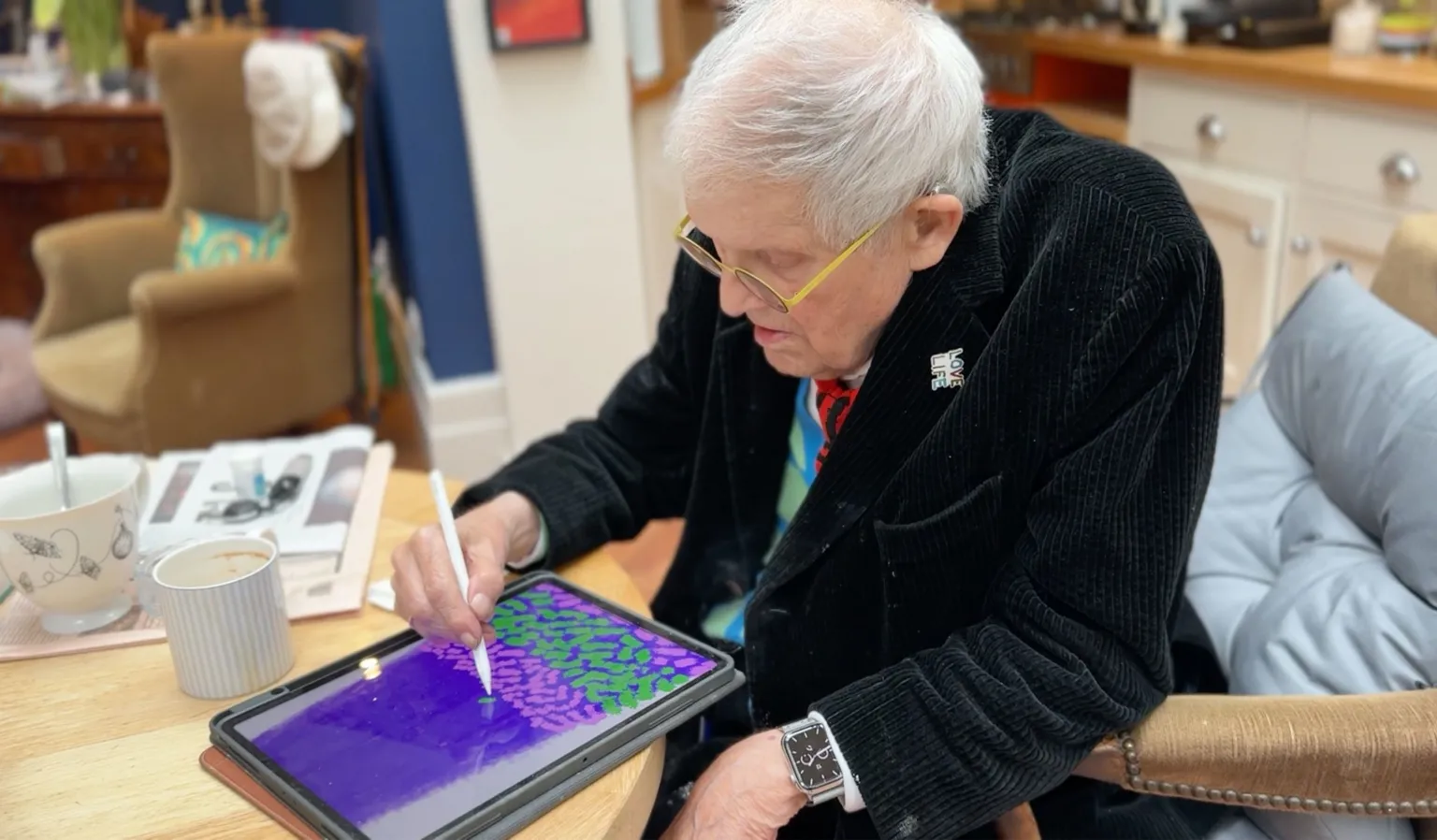David Hockney creating Christmas-themed artwork which is displayed at Battersea Power Station in London. Saturday December 2, 2023.