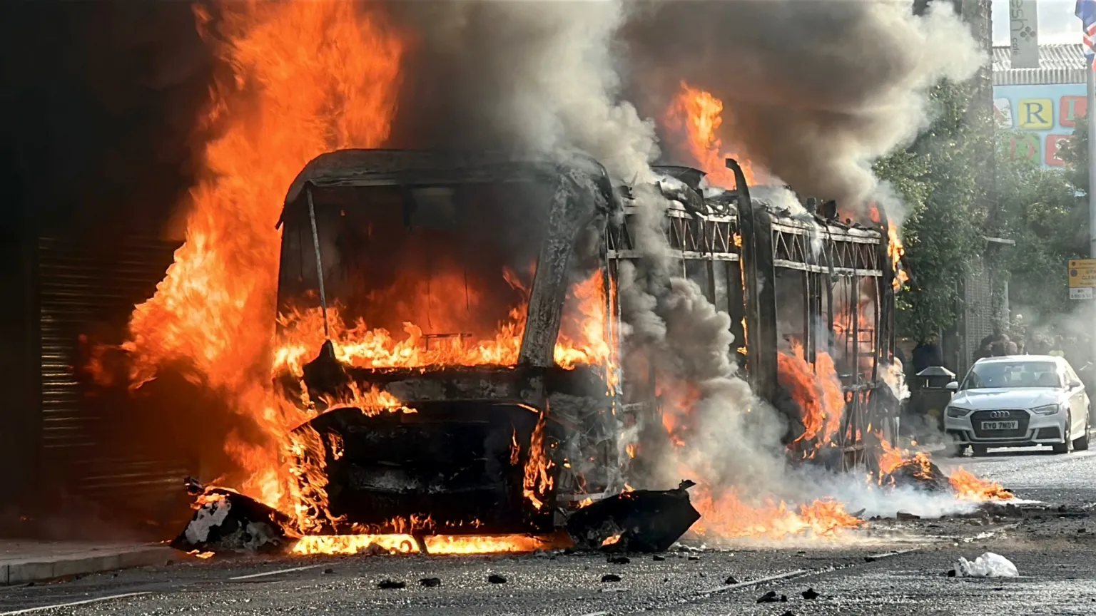 A glider bus is on fire on the Newtownards Road.