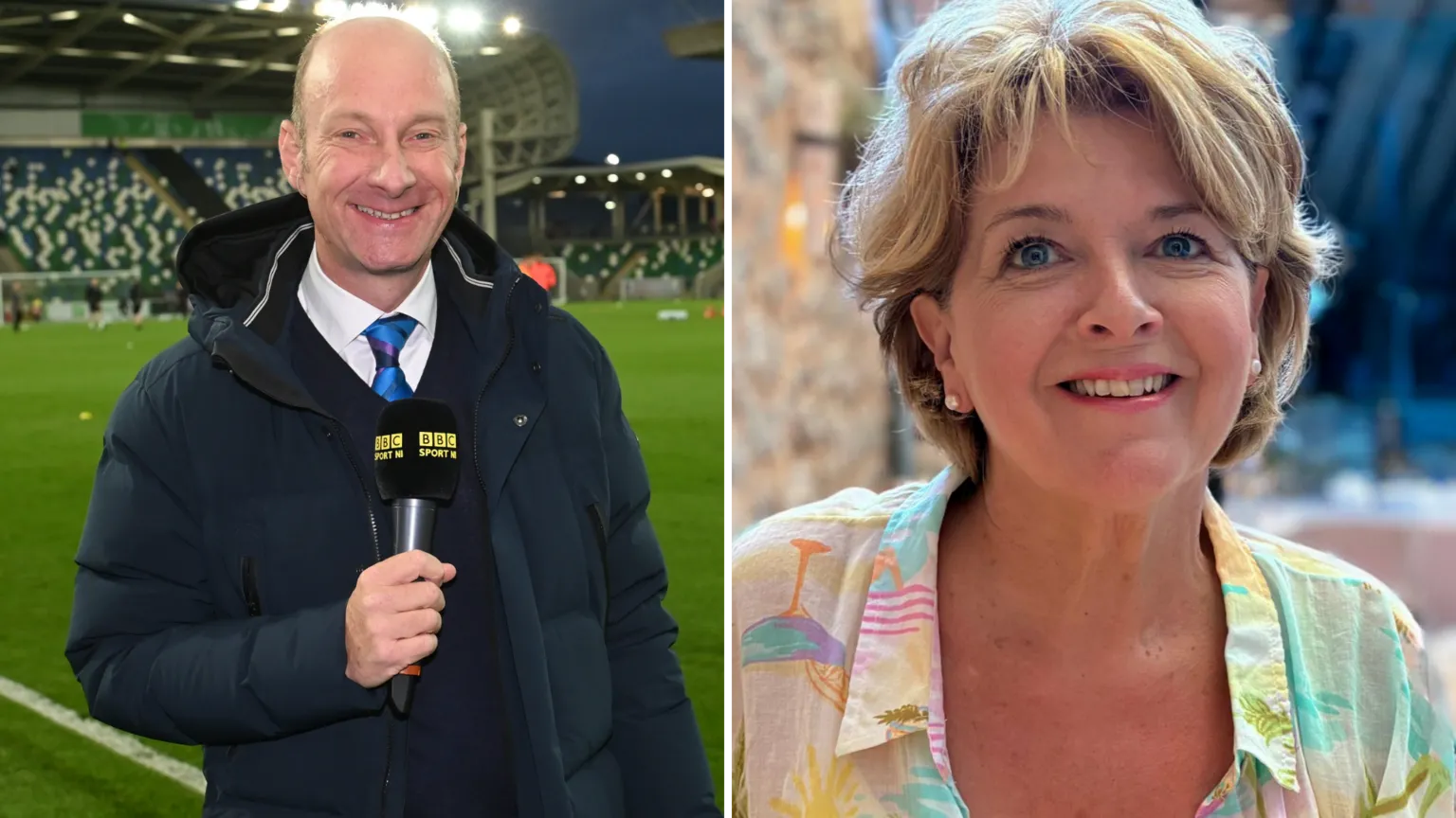 BBC/Rose Neill/PA Wire Composite image. Left: Stephen Watson in a black jacket holding a microphone on a football pitch. He i swearing a white shirt and blue tie. There are three people on the pitch behind him and two stands are visible. Floodlights are on. Right: Rose Neill with blonde hair. She is smiling at the camera, wearing pearl earrings.