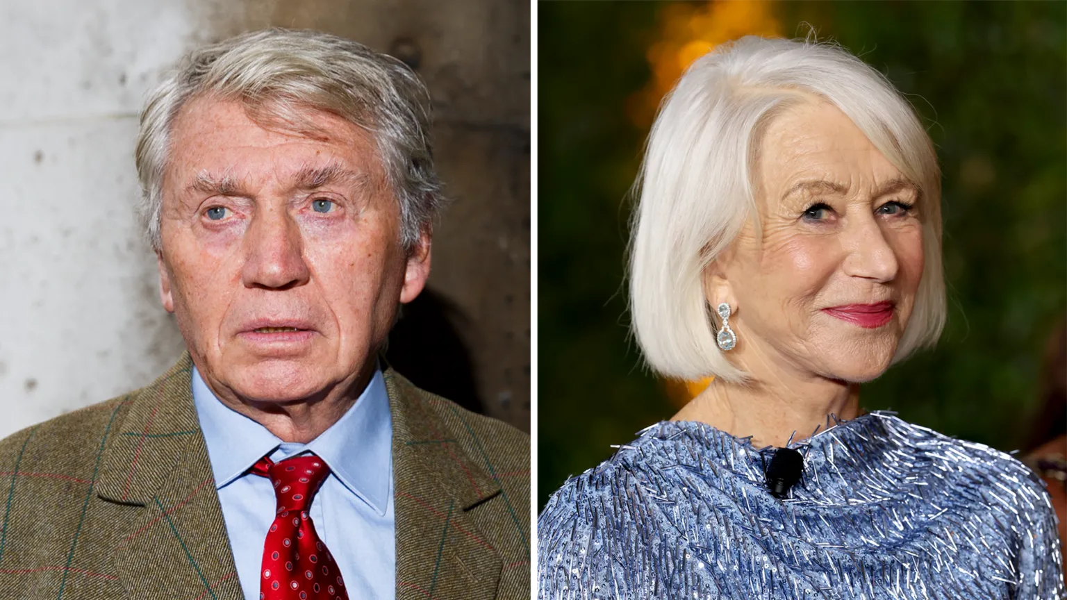  Two side-by-side portrait photographs filling the frame. The left portrait shows McCullin wearing a brown checked jacket, light blue shirt, and red tie against a plain indoor background. The right portrait shows Mirren wearing a textured light blue top with drop earrings, set against a softly lit background with green and warm-toned colours.