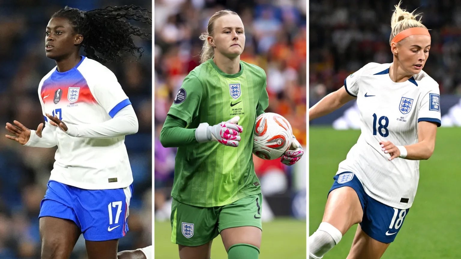PA / EPA / Three football players in England kits arranged in vertical panels. Agyemang wears a white shirt with a red and blue chest band, running on the pitch. Hampton wears a green goalkeeper kit, holding a football with gloved hands. Kelly wears a white shirt and blue shorts, running with the ball during play. 
