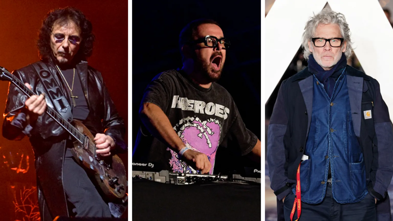  / Alamy / PA Three images arranged in vertical panels. The left panel shows Iommi playing an electric guitar on stage, wearing a dark jacket. The centre panel shows Jules operating DJ decks, wearing a black T-shirt. The right panel shows Fletcher in layered dark blue outerwear and glasses standing against a white background.